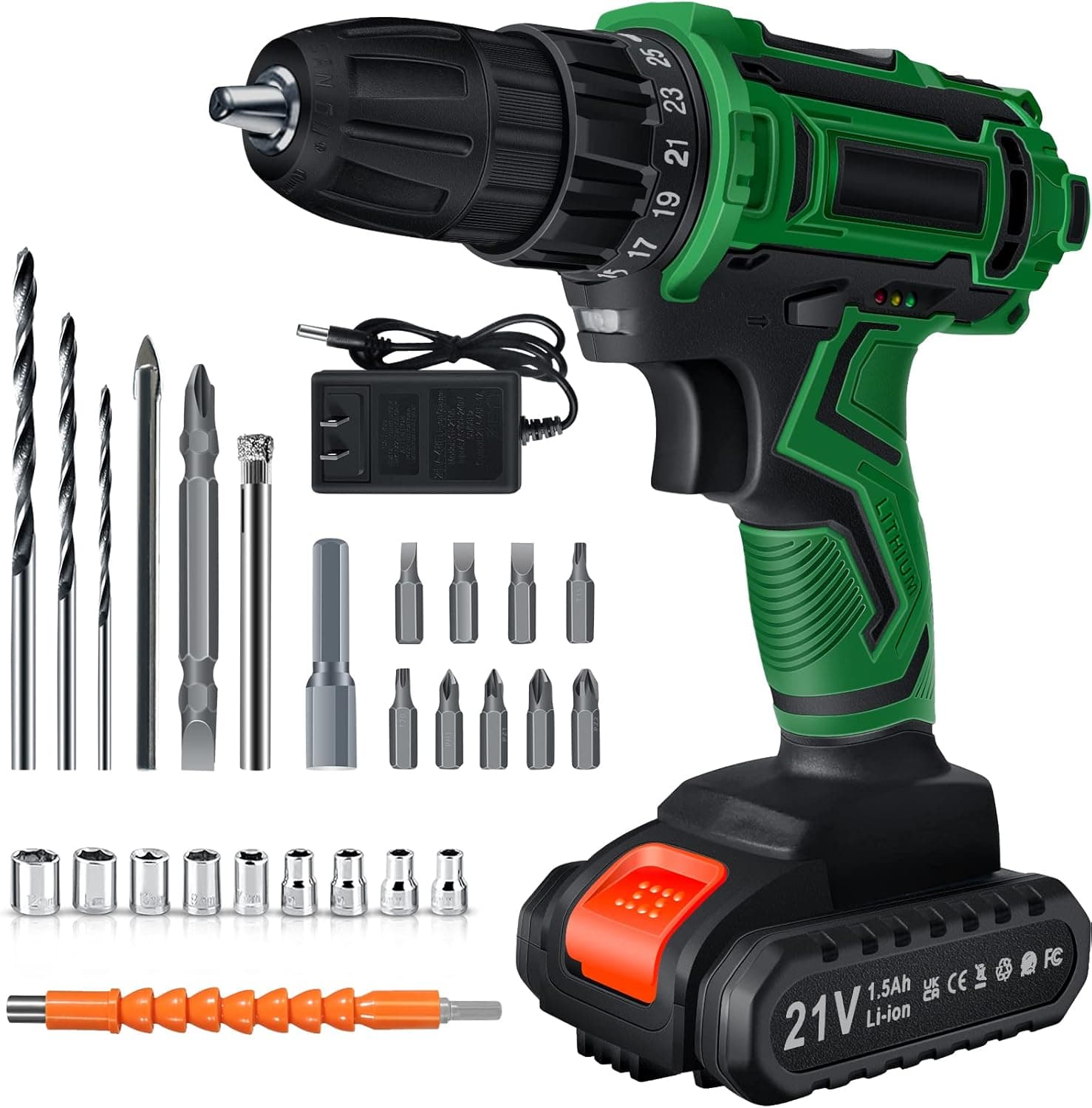 Cordless Drill Driver Set 21V, Power Drill Cordless 23PCS with Batteries 1500mAh, 25+1 Torque Hammer Drill, 3/8" Chuck, 2 Speed, 0-600 RPM/0-1300 RPM Variable Speed, LED Light for Home