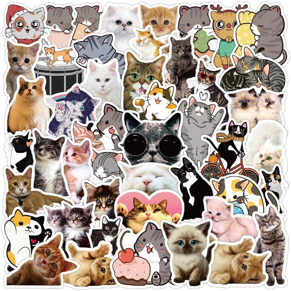 50Pcs Cute Cats Waterproof Vinyl Stickers Decals for Laptop Water Bottles Hydro Flask Bicycle Guitar Skateboard Luggage Suitcase Snowboard. DIY Decoration as Gifts for Kids Girls Teens