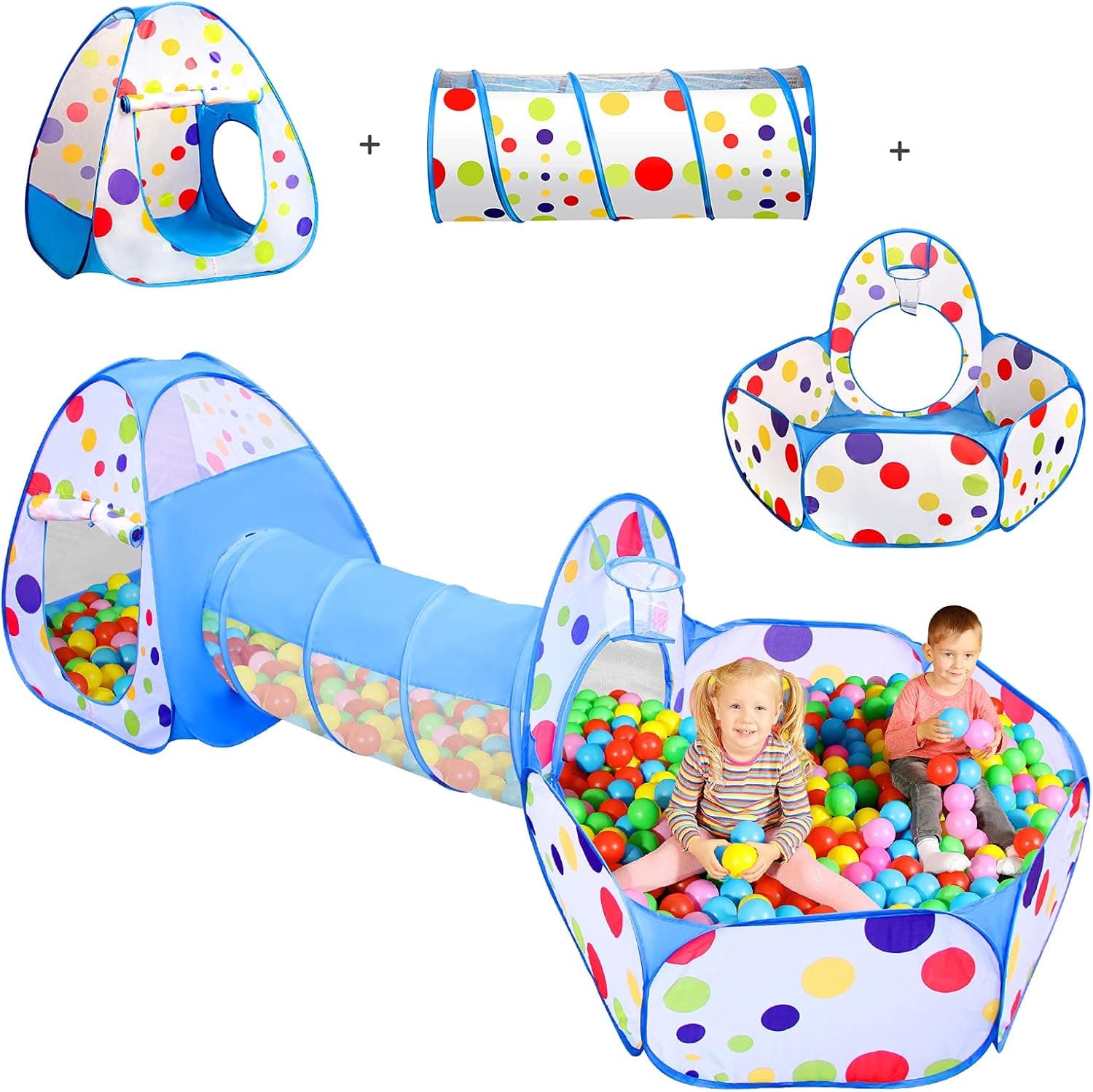 3 in 1 Kids Play Tent with Tunnels and Ball Pit, Kids Pop Up Play Tent with Basketball Hoop, Indoor Outdoor Durable Playhouse Tent for Boys Girls Babies Toddlers & Pets Best Gift (Blue)