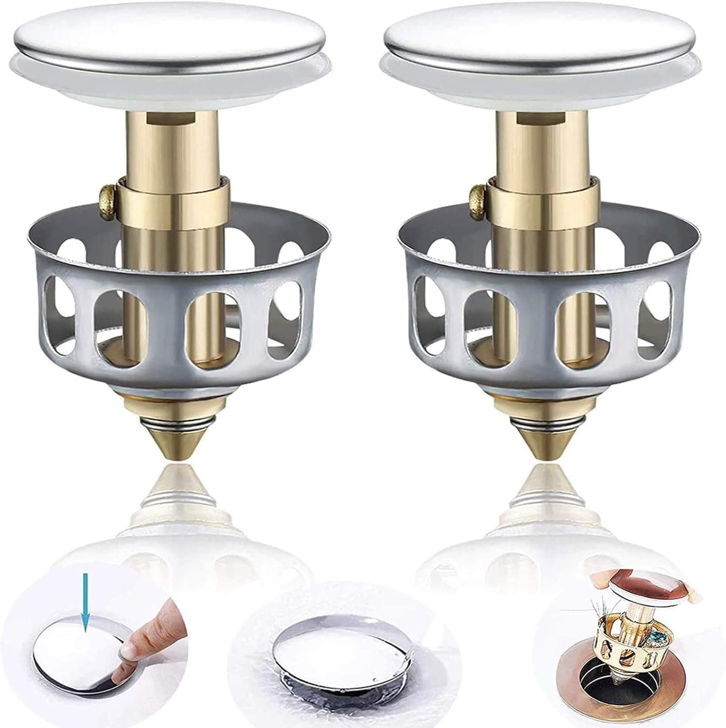 2Pcs Universal Wash Basin Bounce Drain Filter, No Overflow Pop Up Bathroom Sink Drain Plug with Basket, Universal Kitchen Bathroom Strainer Sink Drain Stopper 1.38'' Diameter