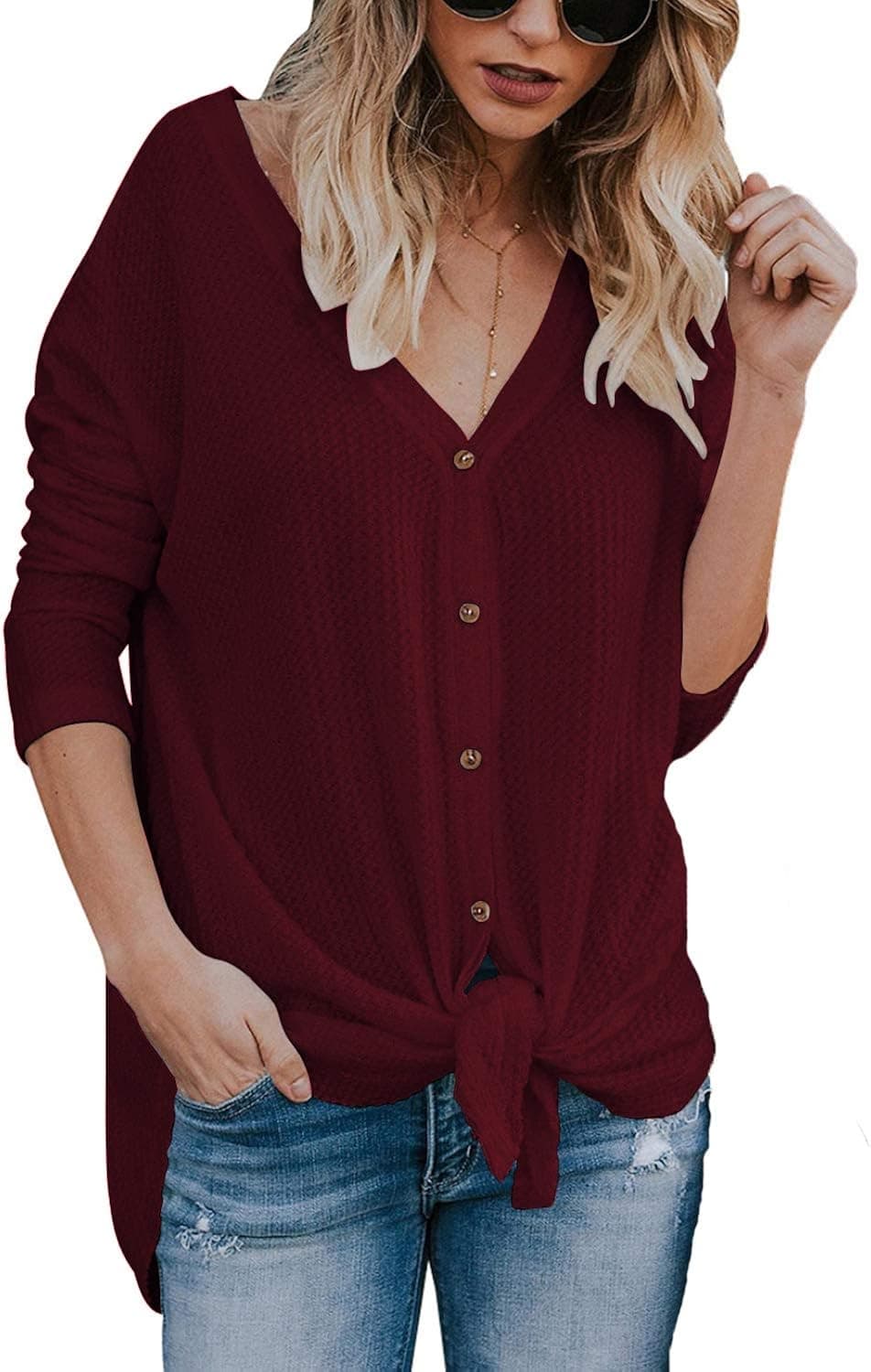 JOSIFER Women's V Neck Button Down Loose Shirts Wine Red Waffle Knit Tunic Blouse,XL