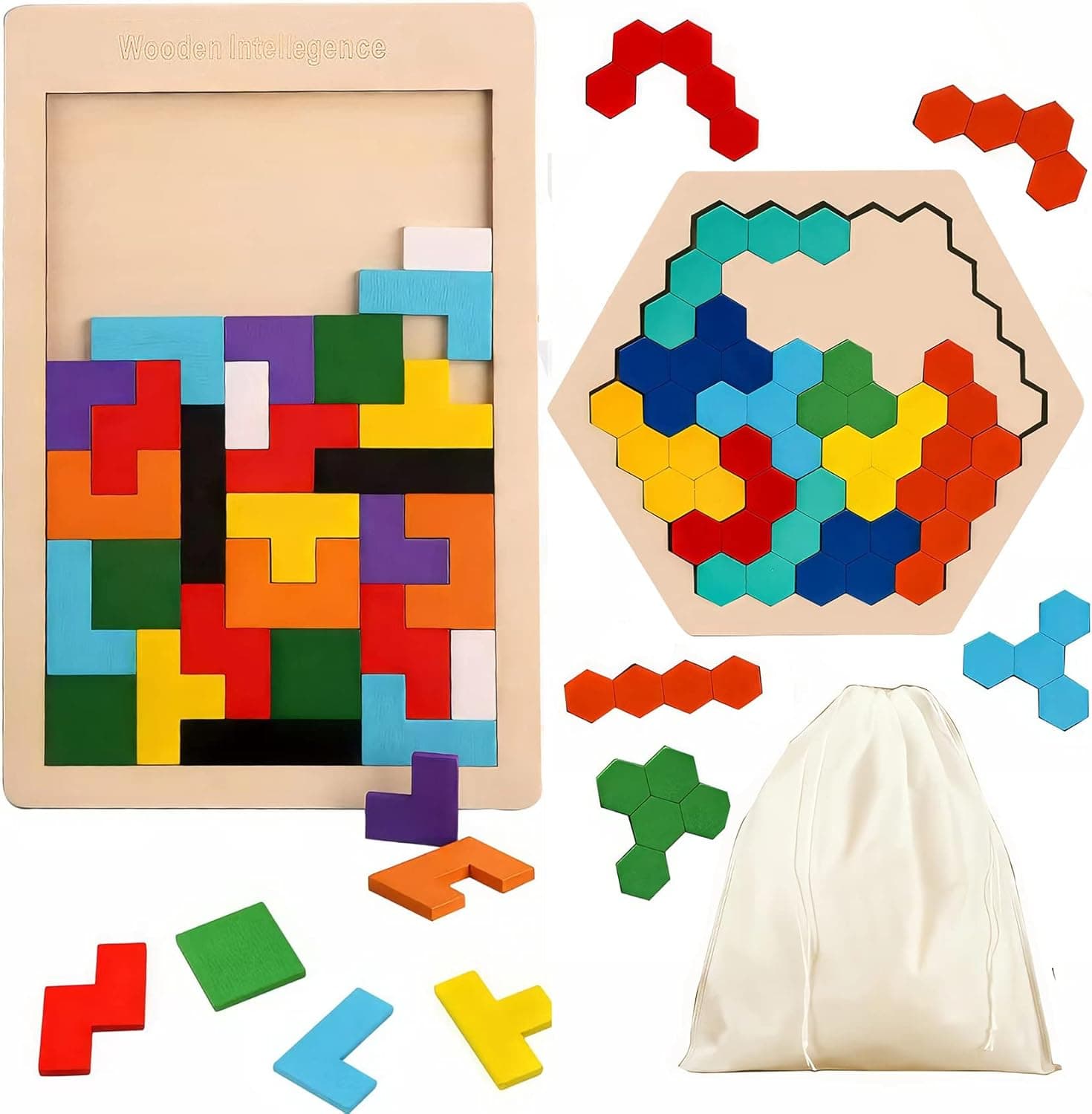 2 Pack Wooden Russian Blocks Puzzle & Hexagon Puzzles for Kids & Adults, Wooden Block Puzzle Intelligence Brain Teasers Toy Logic Game STEM Educational Gift for Children
