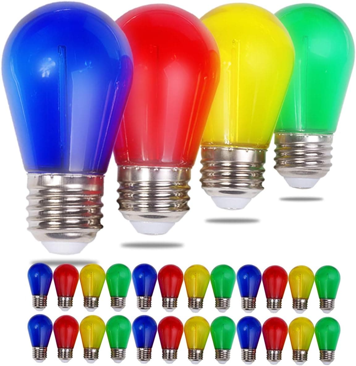 Visther 24-Pack S14 Colored LED String Light Bulbs Replacement, E26 Base 1W Plastic Shatterproof Waterproof, Christmas Light Bulb Red, Green, Yellow, Blue