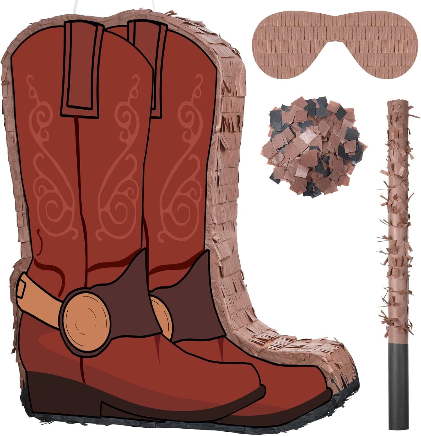 15.7 Inch Western Cowboy Boots Pinata Western Cowboy Party Favors Cowboy Theme Birthday Party Decorations with Blindfold Stick and Confetti for Photo Prop Candy Holder and Party Supplies