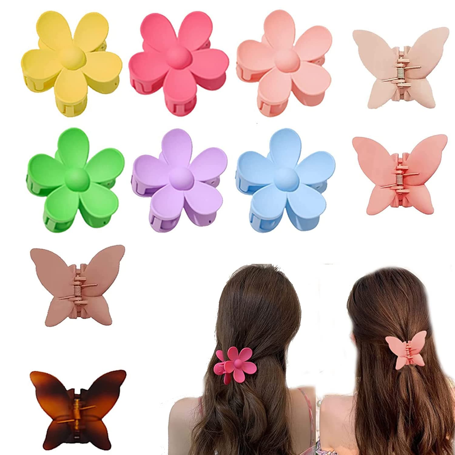 Flower Hair Claw Clips,Twievo Flower Butterfly Hair Clips for Women Thick Hair,Two Style Strong Hold Large Claw Clip for Thin Hair ,Matte Non-slip Cute Claw Hair Clip for Girls
