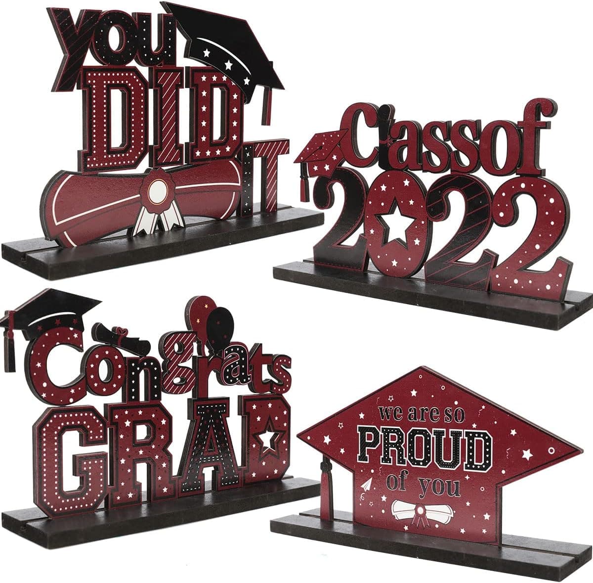 4 Pcs Graduation Wooden Centerpieces - 2022 Burgundy Graduation Table Decorations, Class of 2022 Congrats Grad Table Toppers for Classroom Desk Home Shelf Party Supplies Decor