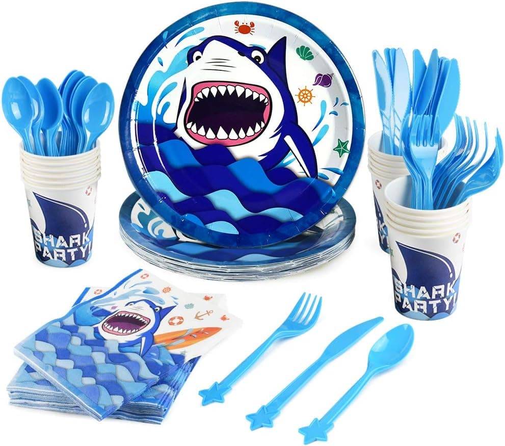 WERNNSAI Shark Party Supplies Set - Blue Ocean Pool Party Tableware for Boys Birthday Disposable Plates Napkins Paper Cup Knives Forks Spoons Serves 16 Guests 96 PCS