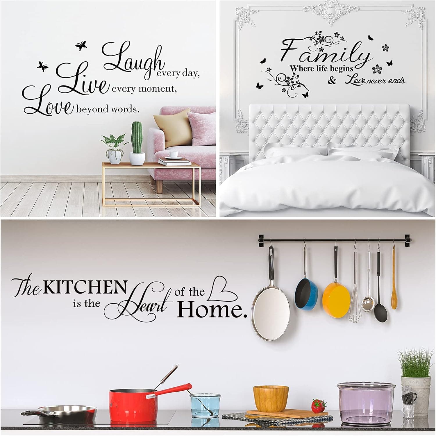 3 Pieces Wall Quote Stickers Wall Decals Love Family Inspirational Saying Stickers Mirror Wall Stickers Wall Art Decor for Living Room Kitchen Bedroom House (Classic Style)