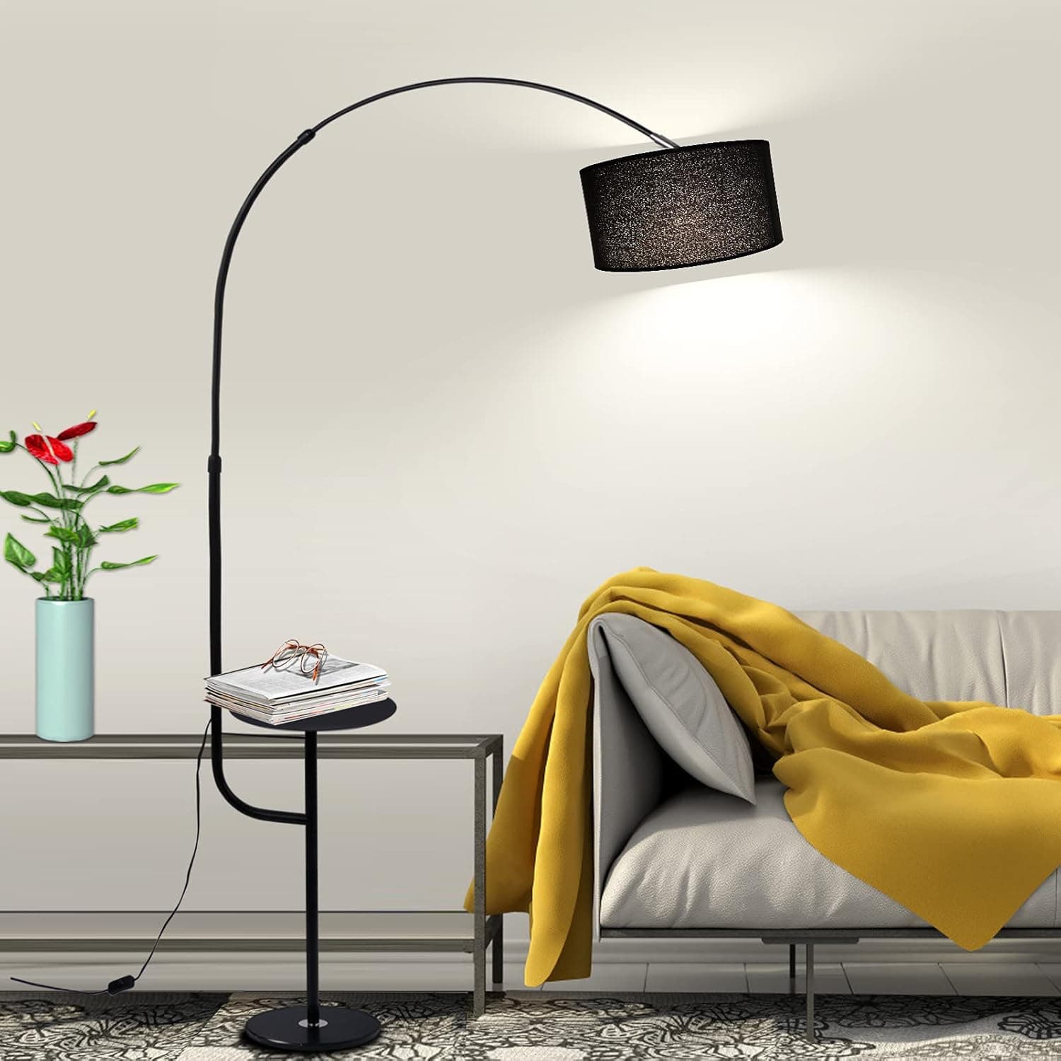 ZIKEBTUY Arc Floor Lamp with Shelf, 70'' Curved Arching Floor Light, Minimalist Behind The Couch Lamp with Stable Marble Base & Bulb Included, Ideal for Living Room Reading Bedroom Home Office, Black