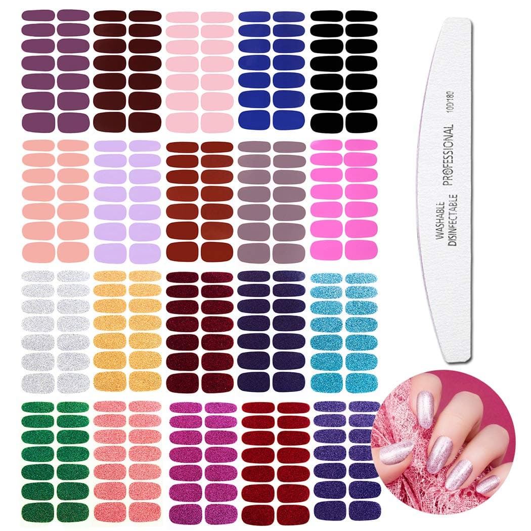 WOKOTO 20 Pcs Solid Color Nail Polish Stickers Strips and 1 Nail File Kit 14 Tips Per Sheet 10 Sheets Solid Color + 10 Sheets Glitter Solid Color Full Nail Wraps Polish Decals for Women Girls
