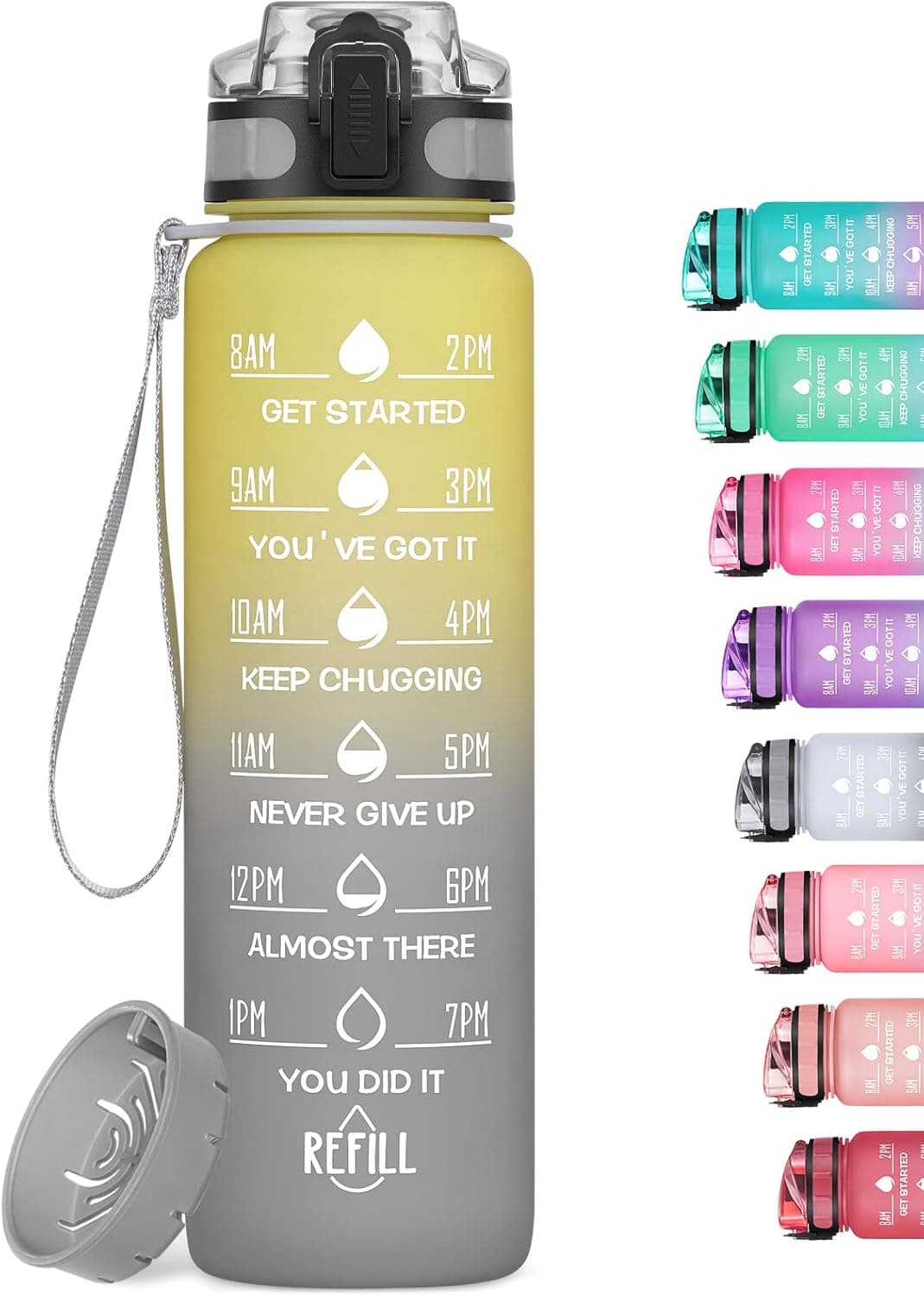 MEITAGIE 32oz Motivational Water Bottle with Time Marker & Fruit Strainer, Leak-proof BPA Free Non-Toxic 1l Bottle with Carrying Strap, Perfect for Fitness, Gym and Outdoor Sports (Omber: Yellowish Gray)