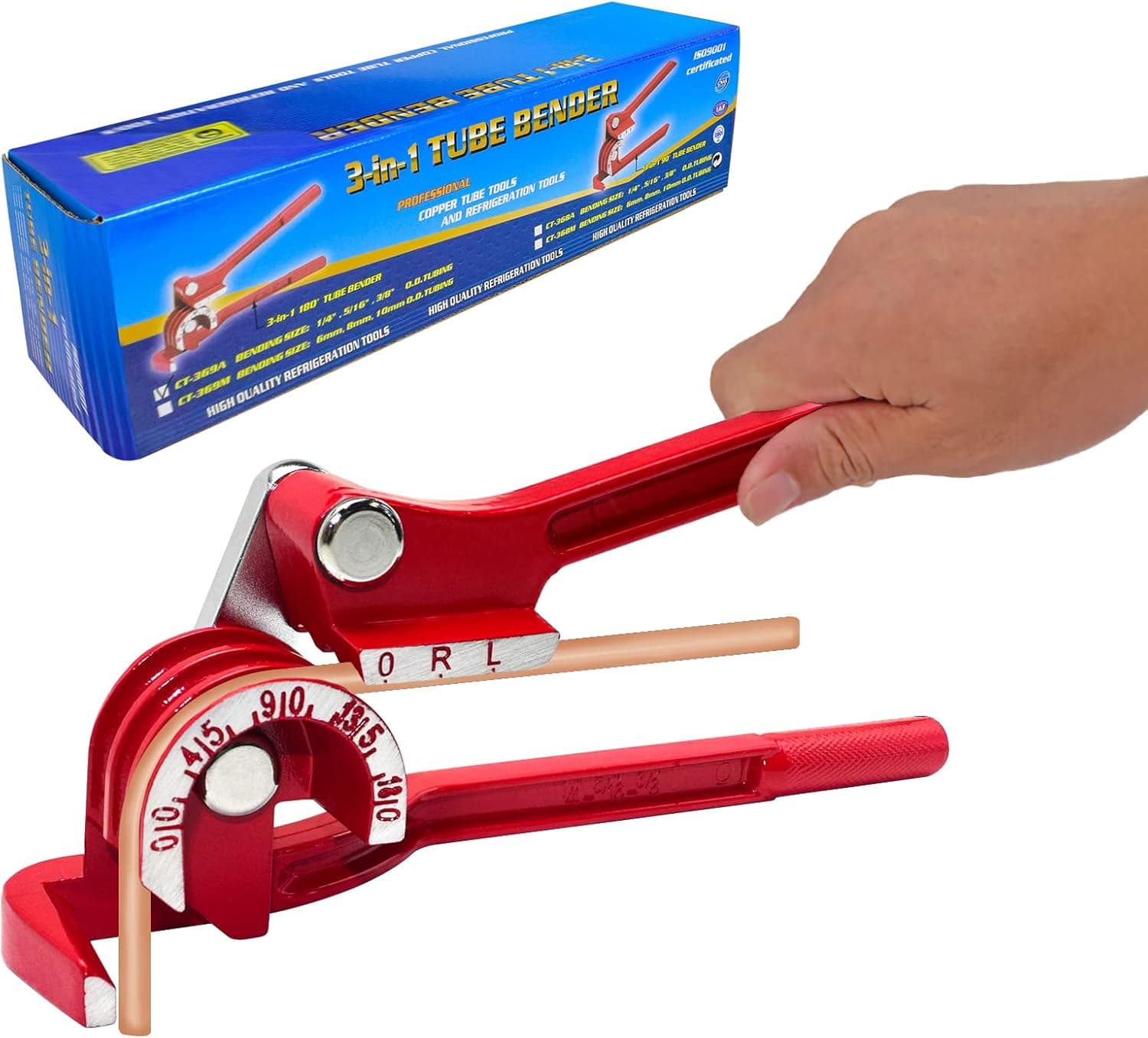 RiYii Tube Bender, 3 In 1 Copper Pipe Bender, 0-180 Degrees Tubing Bender, 1/4" 5/16" 3/8" Refrigeration Line Bending Tools for Copper, Brass, Soft Metal, Aluminum and Thin Stainless Steel Pipes, Red