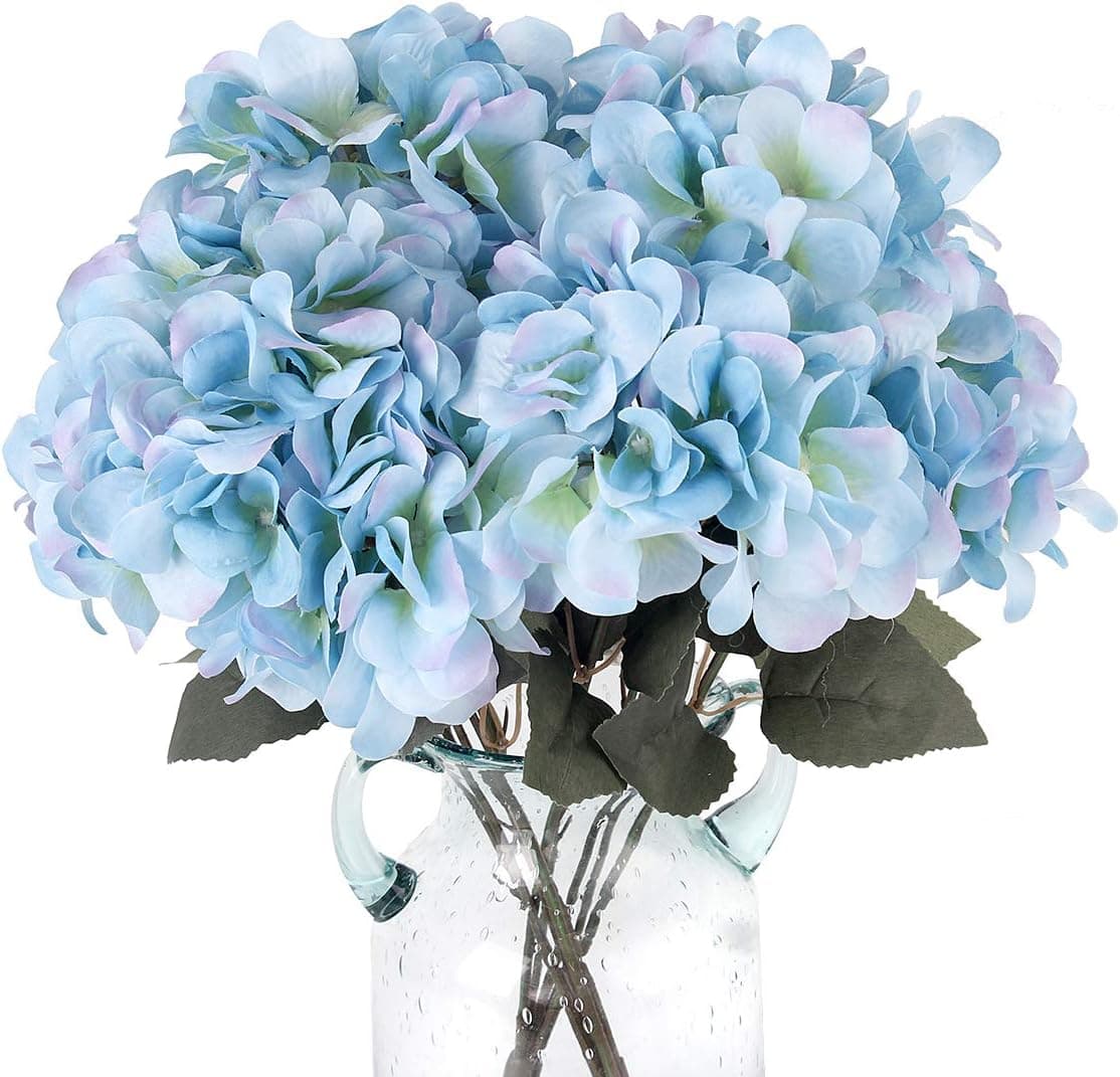 Jim's Cabin Artificial Flowers Silk Hydrangea Arrangements 1Bouquet with 5 Big Heads Fake Flower Bunch for Women Bedroom Wedding Cabin Decor DIY(Light Blue)