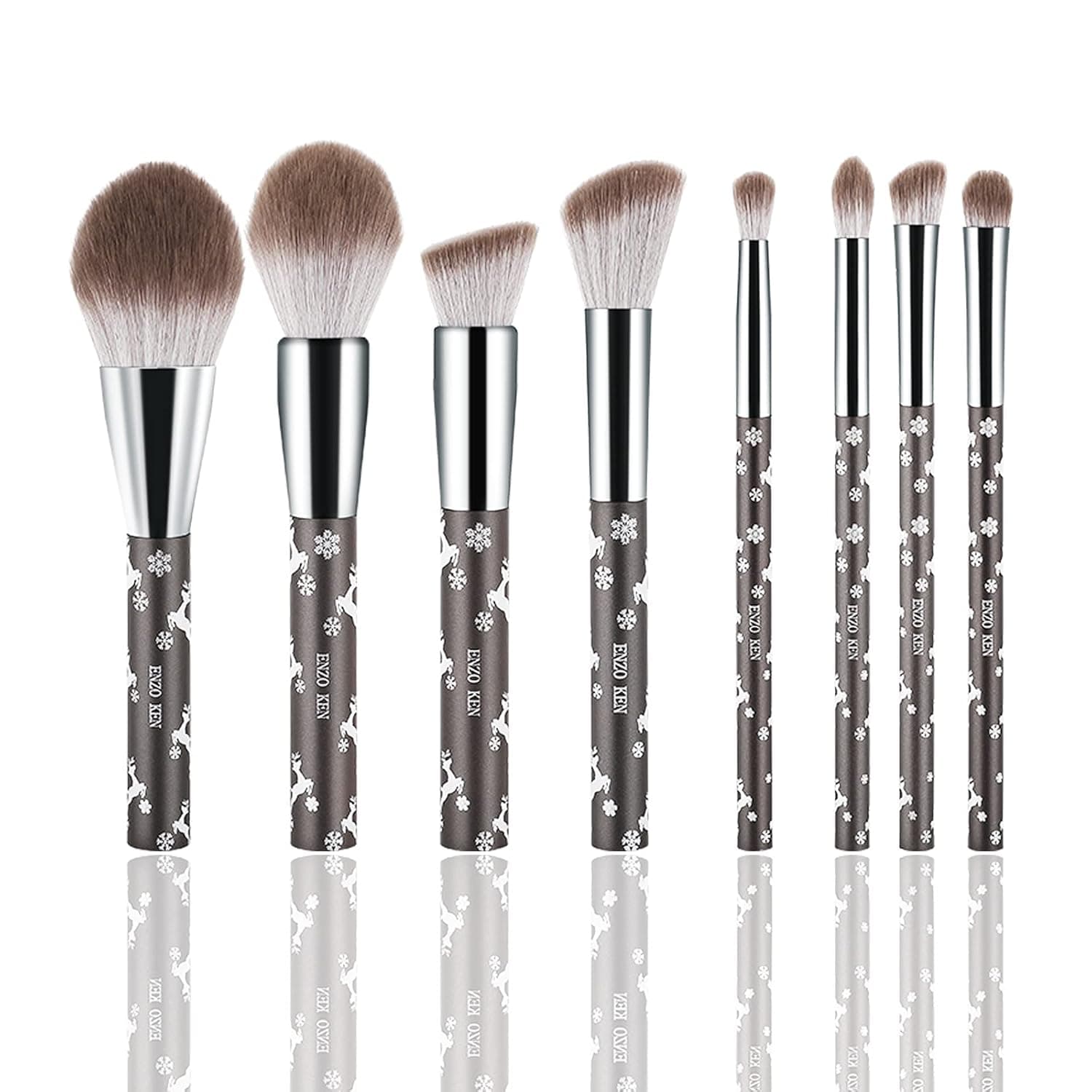 Natural Goat Hair Makeup Brush Set by Luxury ENZO KEN, Extra Soft Real Hair Eyeshadow Brushes Set, Large Angled Round Flat Top Face Blending Brushes Kit - Snowflake Christmas Reindeer Gift Set Carcoal Grey