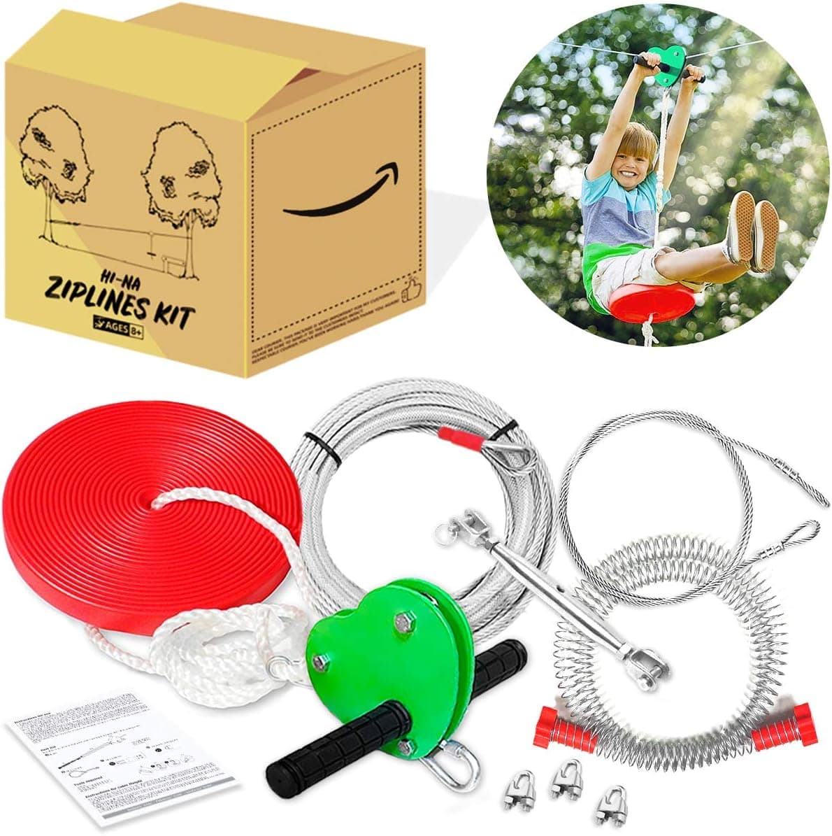 Hi-Na 120FT Zipline Kits for Backyard with Brake Zipline with Trolley Zipline for Backyard for Kids Backyard Zipline Kit with Seat Zipline Kit Zipline Kits for Backyard 120ft Zip Line Kit