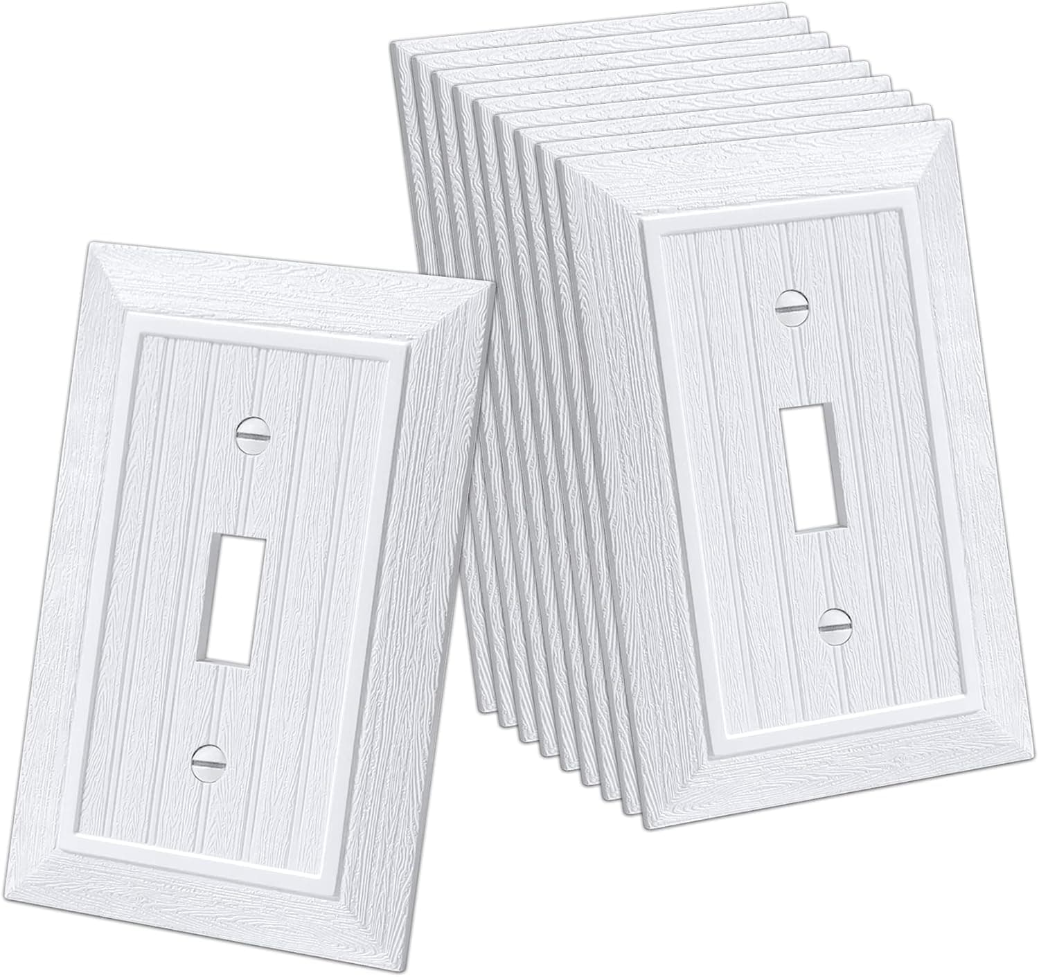 CML Classic Single Toggle Switch Wall Plate, 1-Gang Outlet Cover, 10 Pack, Standard Size 3.15”X 4.87”, Vintage Retro Wood Grain Design, Impact Resistant, White