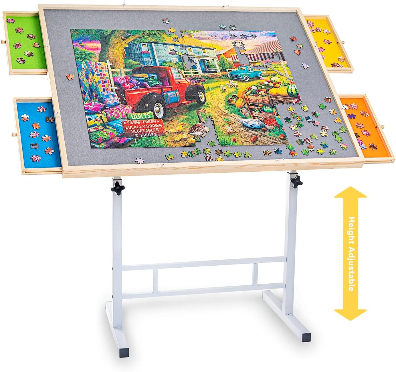 Adjustable Puzzle Table with 4 Drawers and Legs for up to 1500 Pcs, 34" x 26" Wooden Puzzle Tables for Adults with Angle Height Adjustment, Portable Tilting Jigsaw Puzzle Board with Cover
