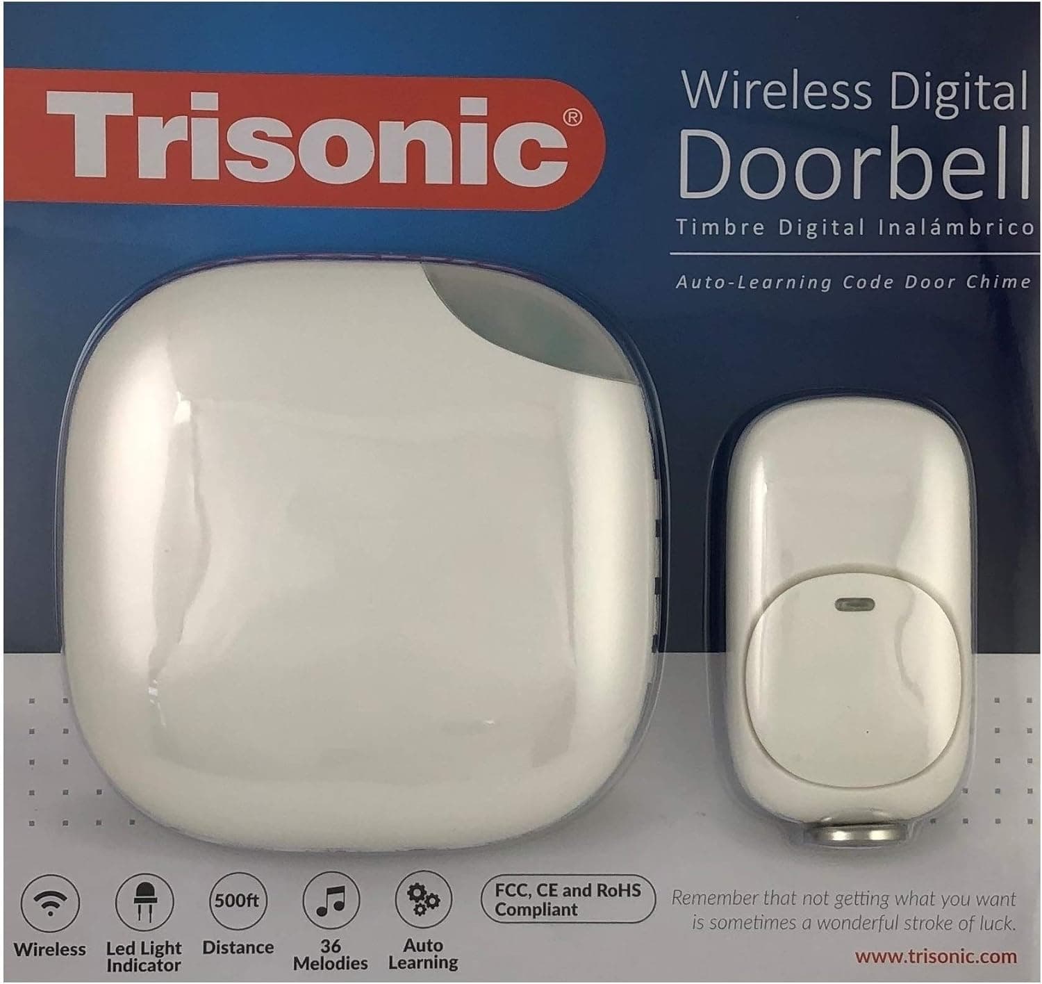 Wireless Digital Doorbell Trisonic 36 Musical Melodies operating at 500 ft LED Flash Auto Learing Battery operated Door Chime