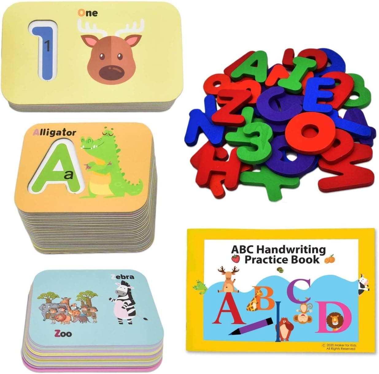 Toddler Number and Alphabet Flash Card, Wooden ABC Spelling Game and Puzzle Flashcards for Toddlers 3+ Years, Montessori Toys Handwriting Book for Kids KOKO AROMA