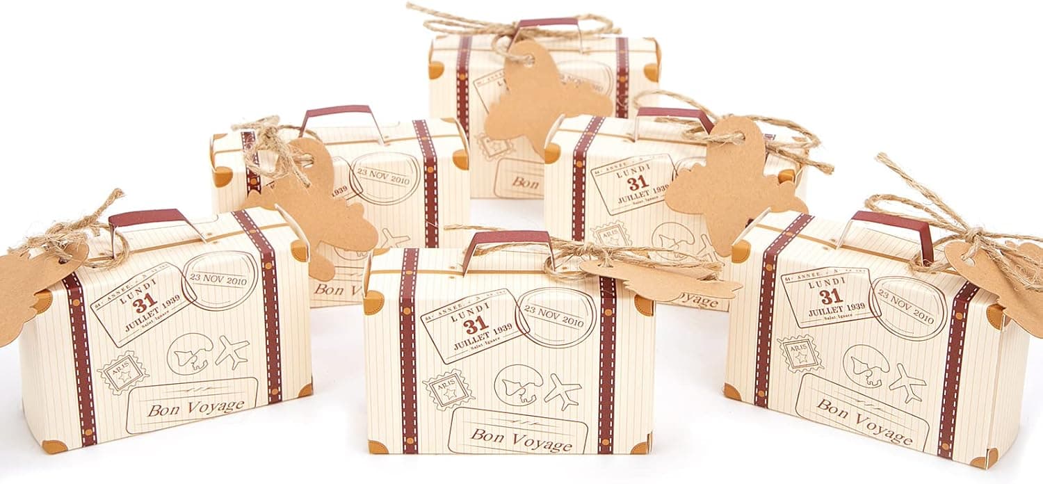 VGoodall 120 Pcs Mini Suitcase Favor Box Party Favor Candy Box, Vintage Kraft Paper with Tags and Burlap Twine for Wedding/Travel Themed Party/Bridal Shower Decoration