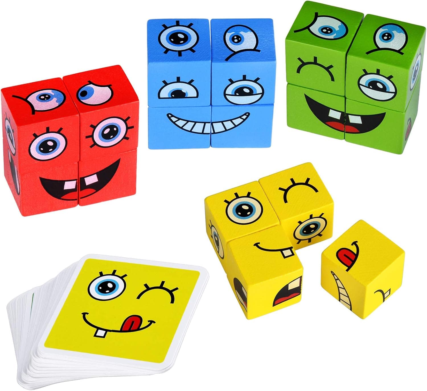 ERUGI Wooden Expressions Matching Block Puzzle Educational Games Montessori STEM Toy for Kids Preschool Ages 3 Years and Up,Face-Changing Cube Building Blocks (16 Blocks, 64 Cards)