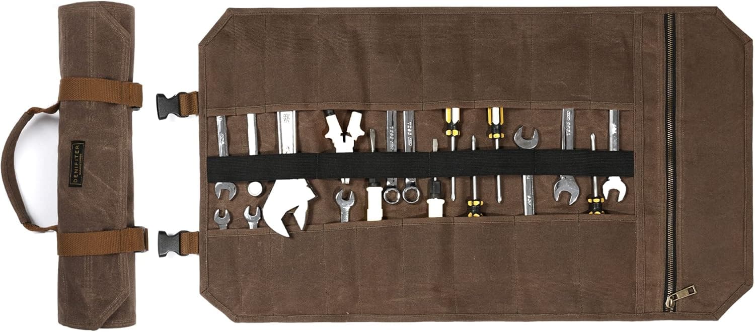 Tool Bag, Heavy Duty 16oz Waxed Canvas Tool Roll Up Pouch Tool Organizer, (L) 25" X (H) 14.5" Gray