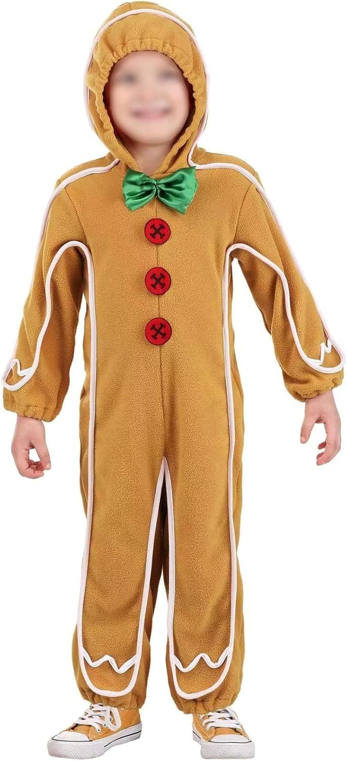 Xmas Gingerbread Man Costume Kids, Gingerbread Onesie Kids Christmas Outfit Boy Girl Cosplay Hooded Jumpsuit