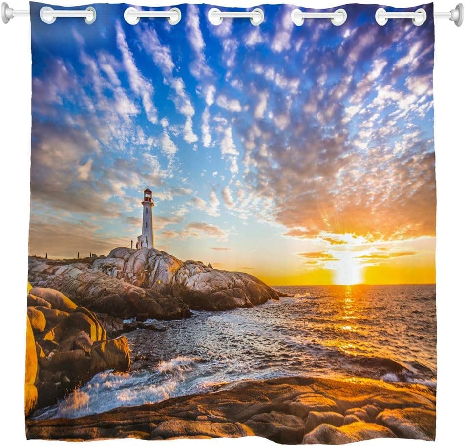 Goodbath Ringless Shower Curtain, Ocean Beach Sunset Lighthouse Waterproof Polester Fabric Bathroom Bath Curtains Without Hooks,72 x 72 Inch,Blue Brown Gold