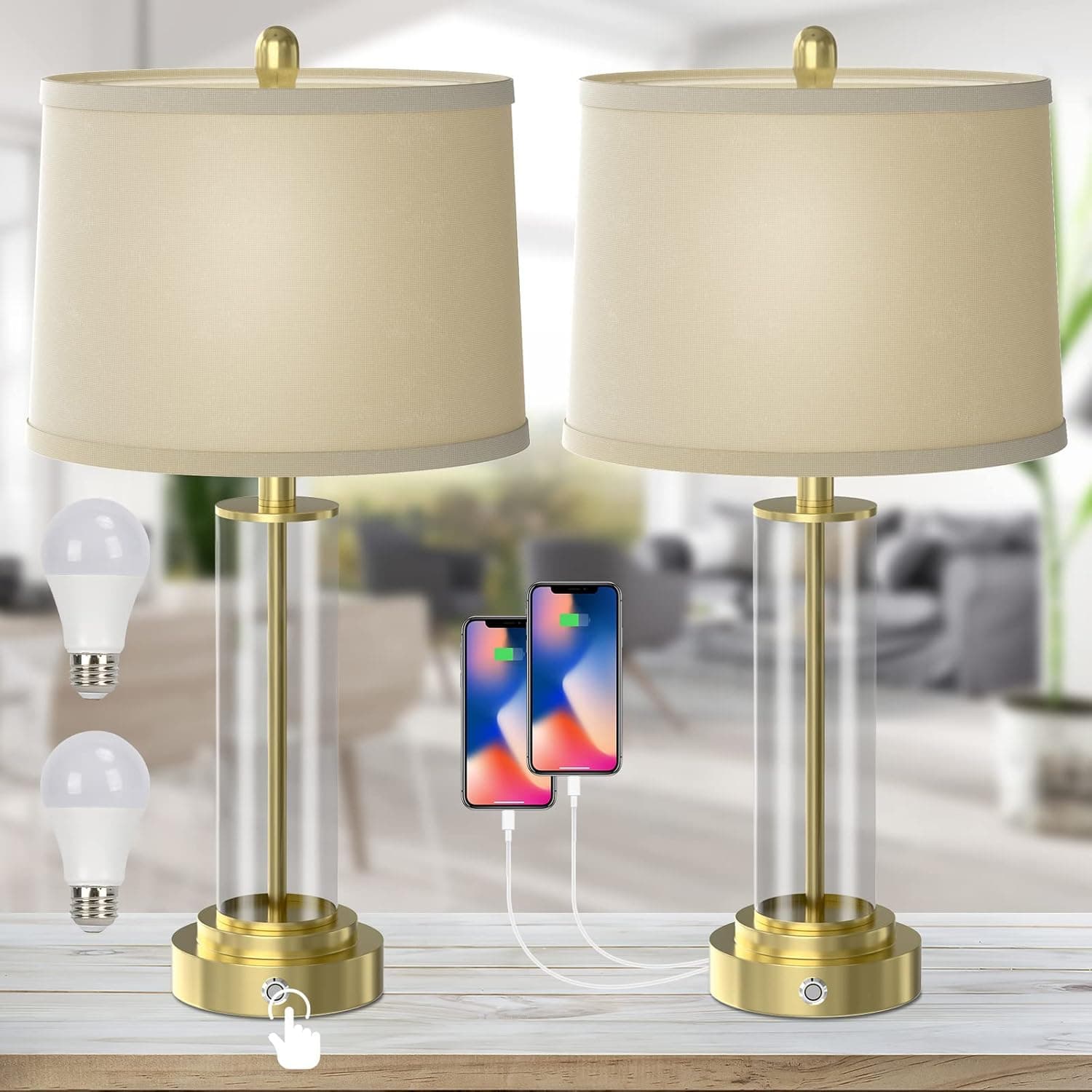 Relassy 26" H Table Lamps for Bedrooms Set of 2, 3-Level Dimmable Touch Control Lamps with 2 USB Ports, Modern Bedside Nightstand Lamps with White Fabric Lampshades and 2 LED Bulbs for Living Room