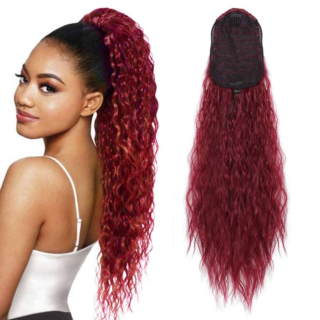 EERYA Curly Wavy Ponytail Hair Extension Water Wave Hair Piece Heat Resisting Fiber Synthetic Drawstring Pony Tail Dark Brown Hairpiece for Lady Woman (22 Inch, BUG#)