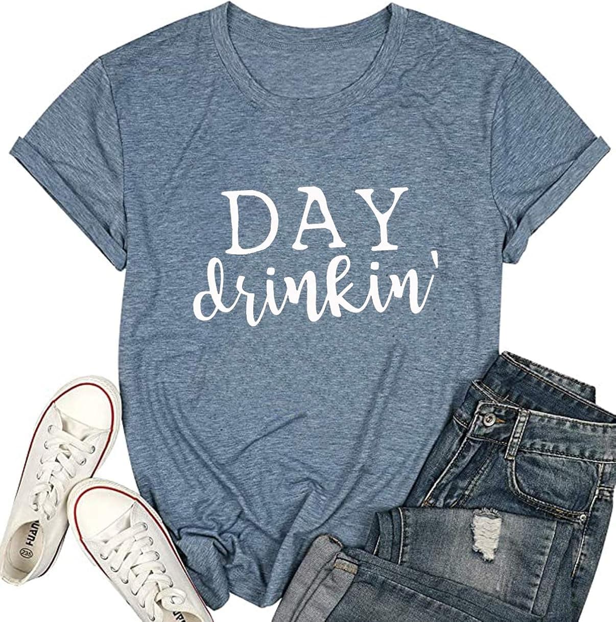 YUYUEYUE Day Drinkin' T Shirts Women Drinking All Day Letter Print Short Sleeve Funny Casual Tops Tee
