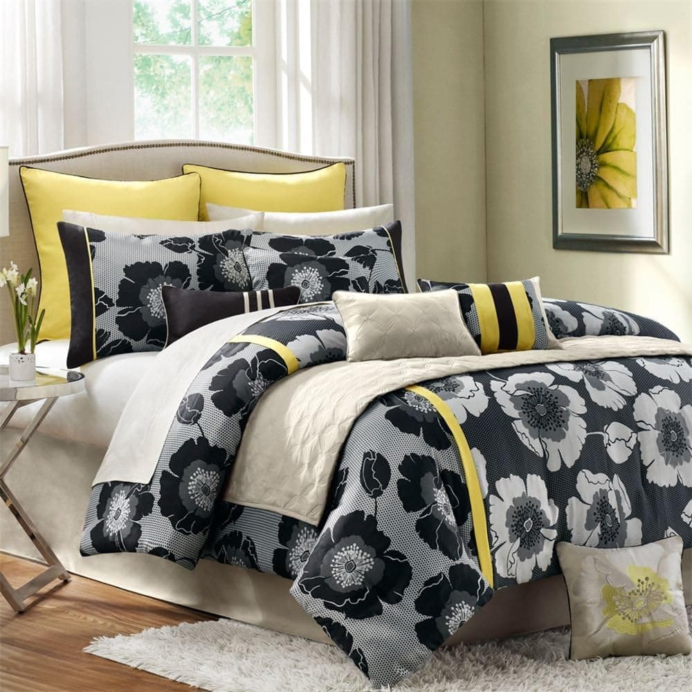 Sunham Jolee Black, White, Gray & Yellow Floral 12-Piece Comforter Set (King)