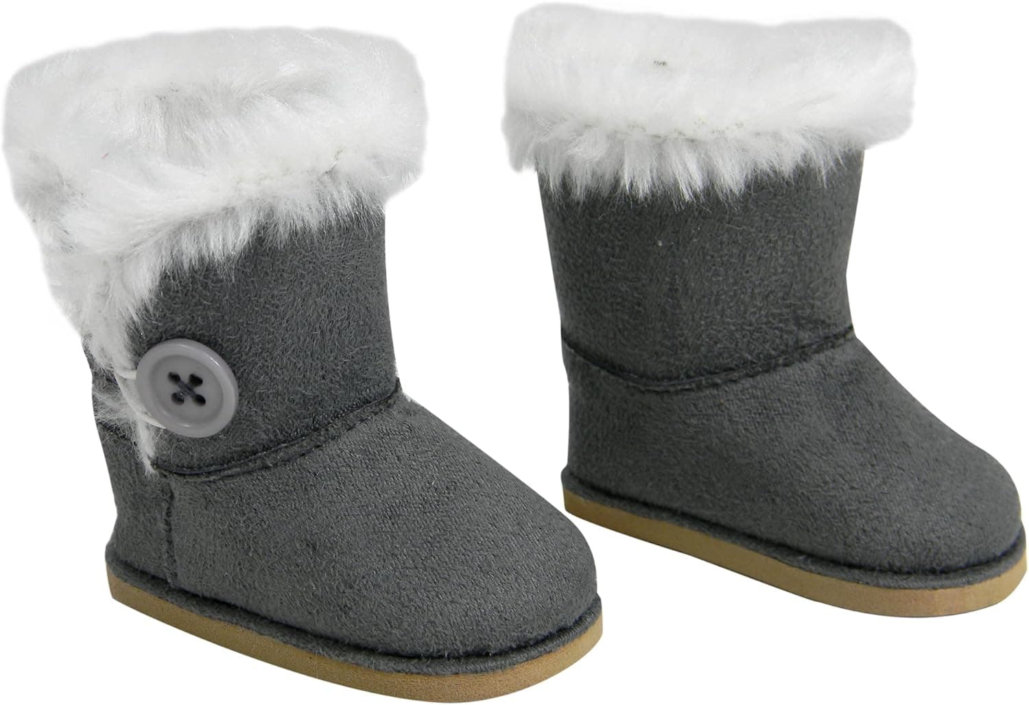 Sophia's Gray Suede Winter Boots with White Faux Fur Lining and Trim Plus Gray Side Button and Soft Tan Soles for 18" Dolls, Gray