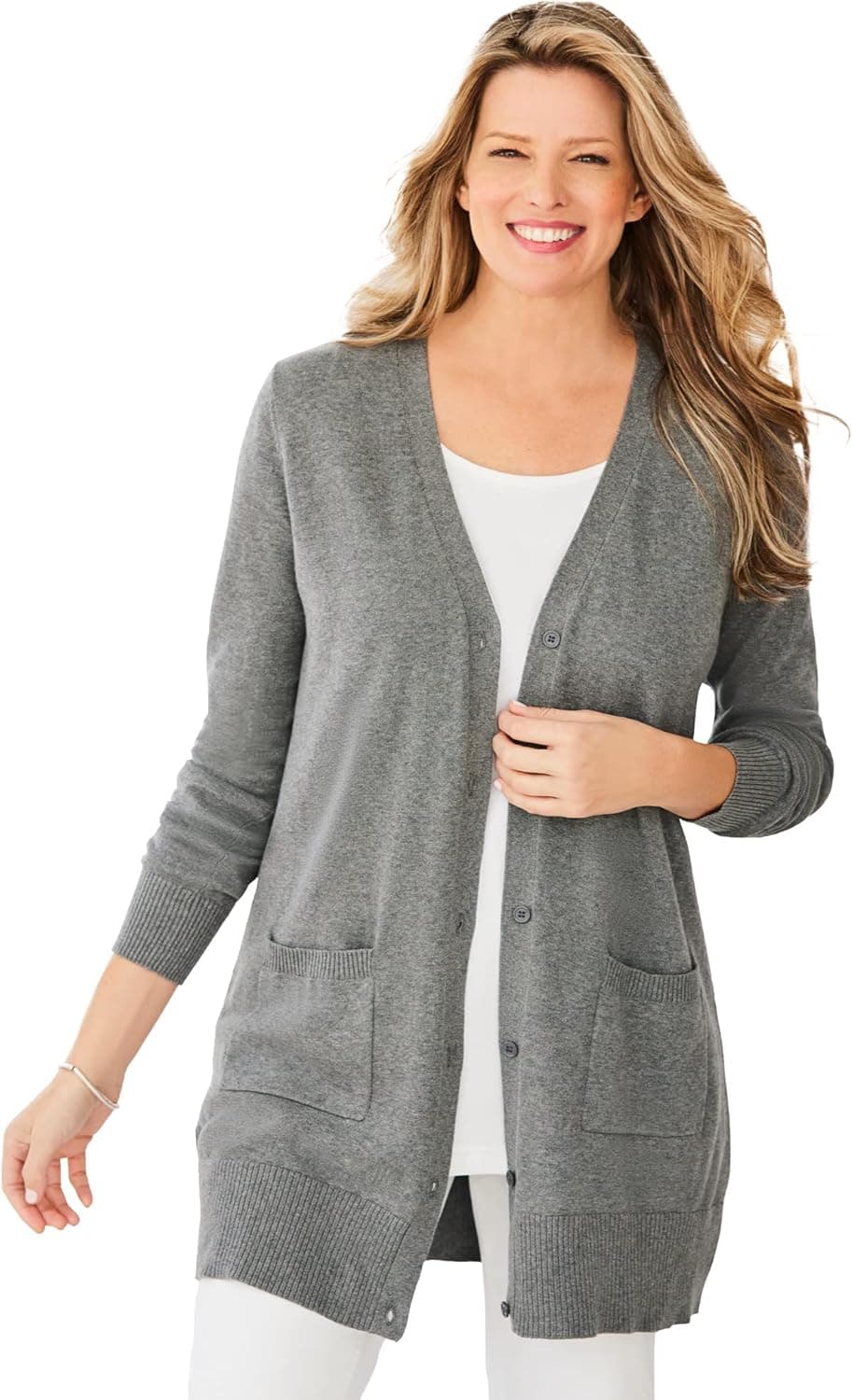 Woman Within Women's Plus Size Longer-Length Cotton Cardigan Sweater - 3X, Medium Heather Grey Gray