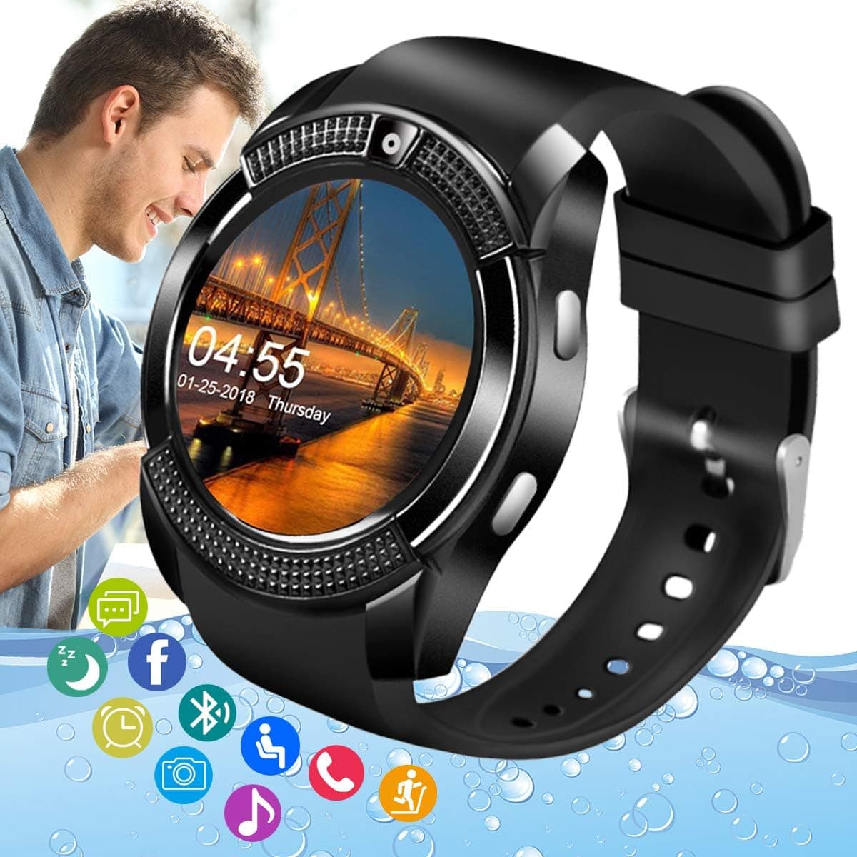 Amokeoo Smart Watch,Android Smartwatch Touch Screen Bluetooth Smart Watch for Android iOS Phones Wrist Phone Watch with SIM Card Slot & Camera,Waterproof Fitness Tracker Sports Watch for Women Men