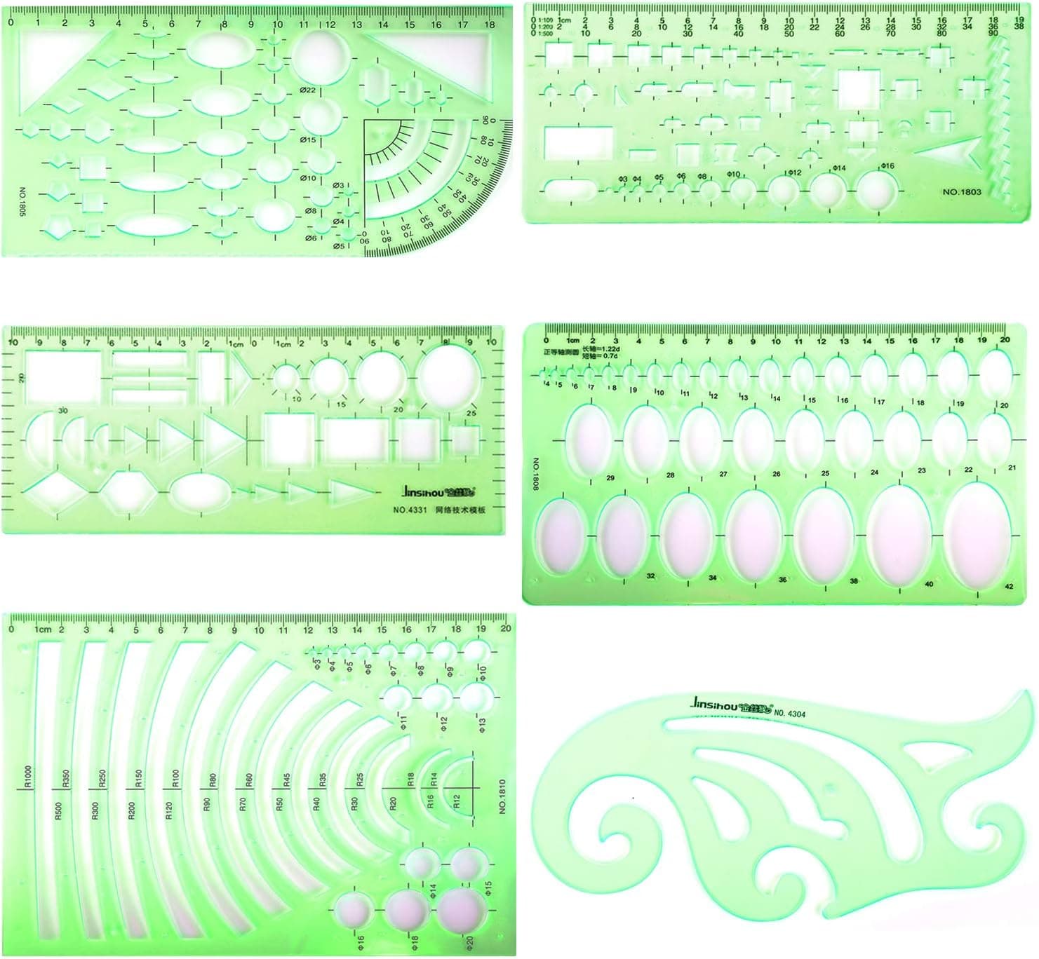 lyyxll 11 Pieces Geometric Drawing Template Measuring Ruler, Transparent Green Plastic Multifunctional Rulers for Drawing Designing Studying Building