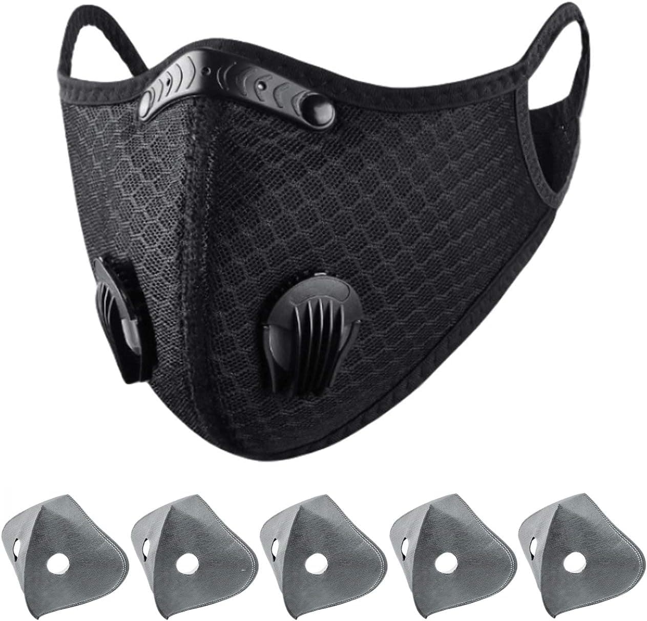 2PCS Fashion Face Protection, Reusable Unisex Adult Black Dustproof Mouth Protection, Washable Facial Protection with Filter Breathing Valve, Adjustable Earloop Face Shield (C)