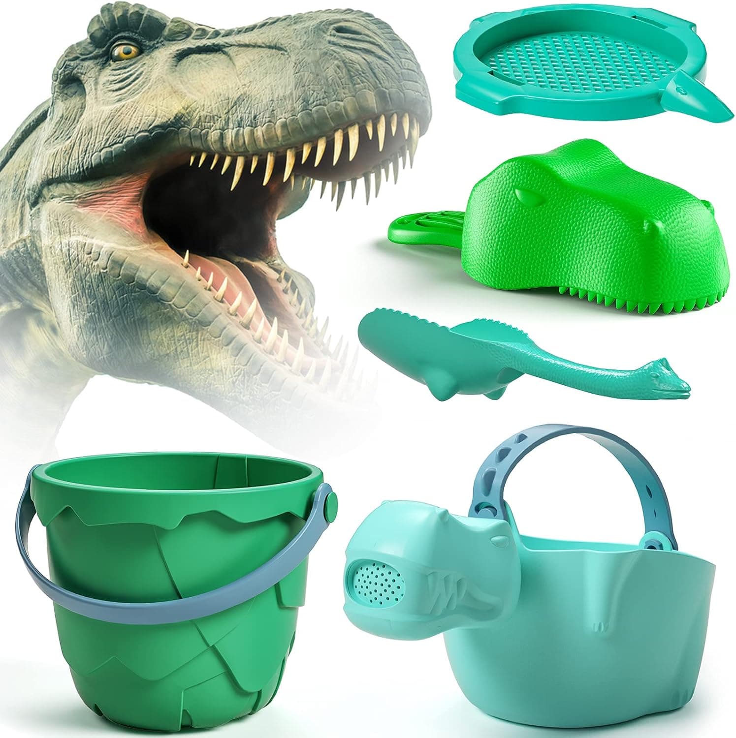 burgkidz Sand Toys Beach Toys, Dinosaur Toys Garden Tools for Kids, Includes Volcano Sand Bucket, T-rex Shovels & Watering Can and Pterodactyl Sand Sieve