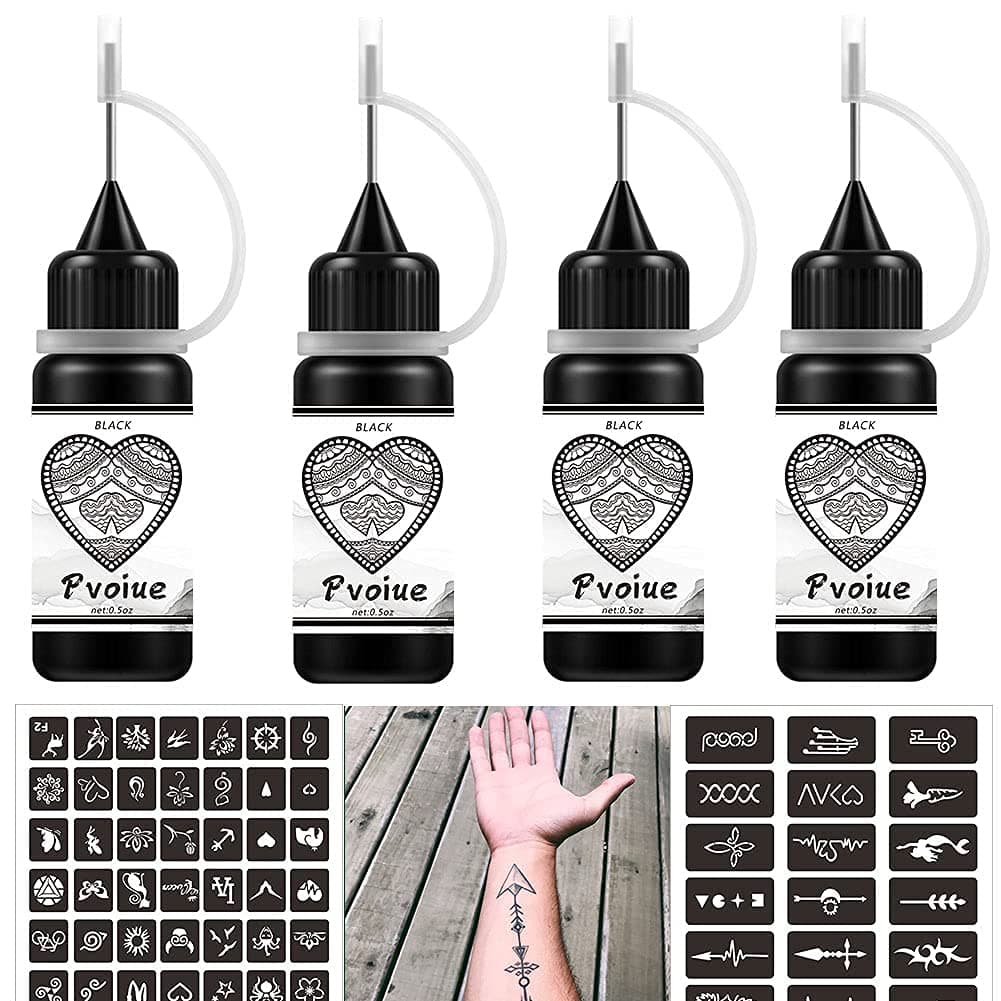 Temporary Tattoos Kit, Permanent Tattoo, 4 Pcs with Three Colors, DIY Tattoos, Full Kit 78 Pcs Adhesive Stencil for Women Kids Men Body Markers - 4 Bottles (Black)