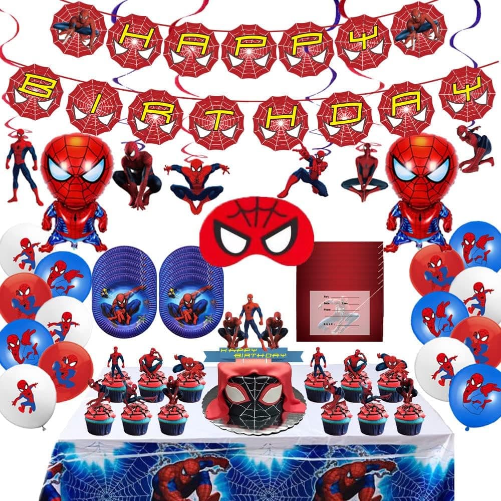 Spiderman Party Supplies, Spiderman Birthday Party Decorations Include Happy Birthday Banners, Hanging swirls, Cake Decorations, Cupcake Decorations, Balloons, Aluminum Foil Balloons, Tablecloths, Dinner Plates, Spider Mask and Invitations