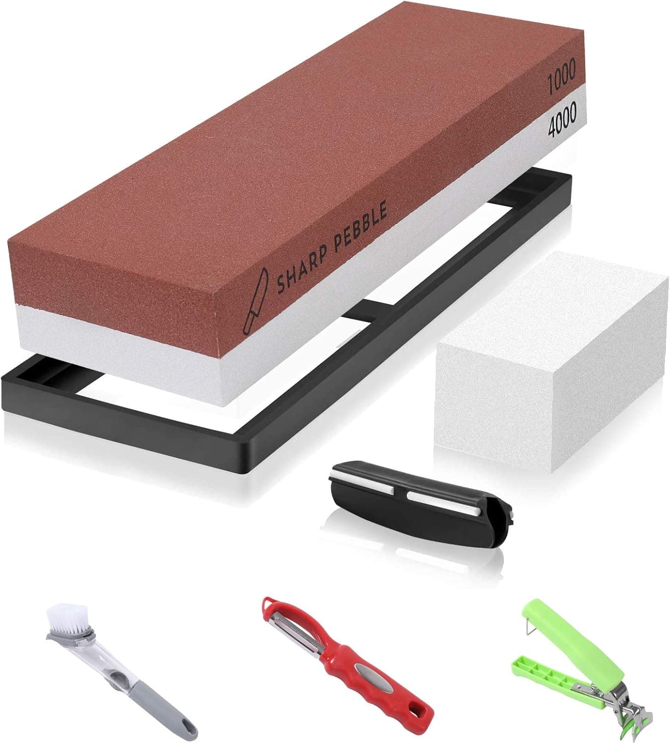 Knife Stone,Sharpening Stone Set,Japanese Knife Sharpener,Double Sided 1000/4000# Non-Slip Rubber Flattening Stone+Angle Guide