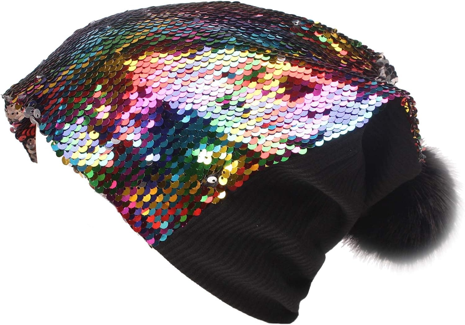 SP Sophia Collection Sparkly Double Sided Sequin Slouchy Beanie for Winter, Cozy and Oversized with Faux Fur Pom Pom
