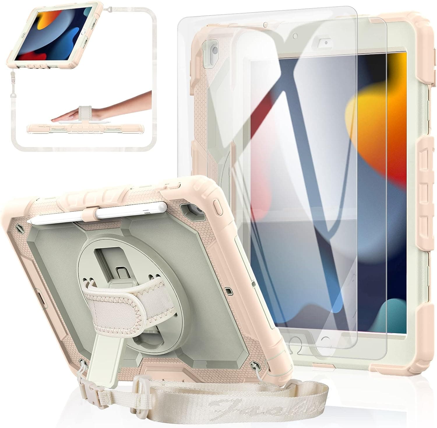 BASE MALL iPad 9th/8th/7th Generation 10.2-inch Case 2021/2020/2019, [Shockproof] Tablet Case with 2 Pack Tempered Glass Screen Protector, Pencil Holder, Rotating Kickstand, Hand/Shoulder Strap (Gold)