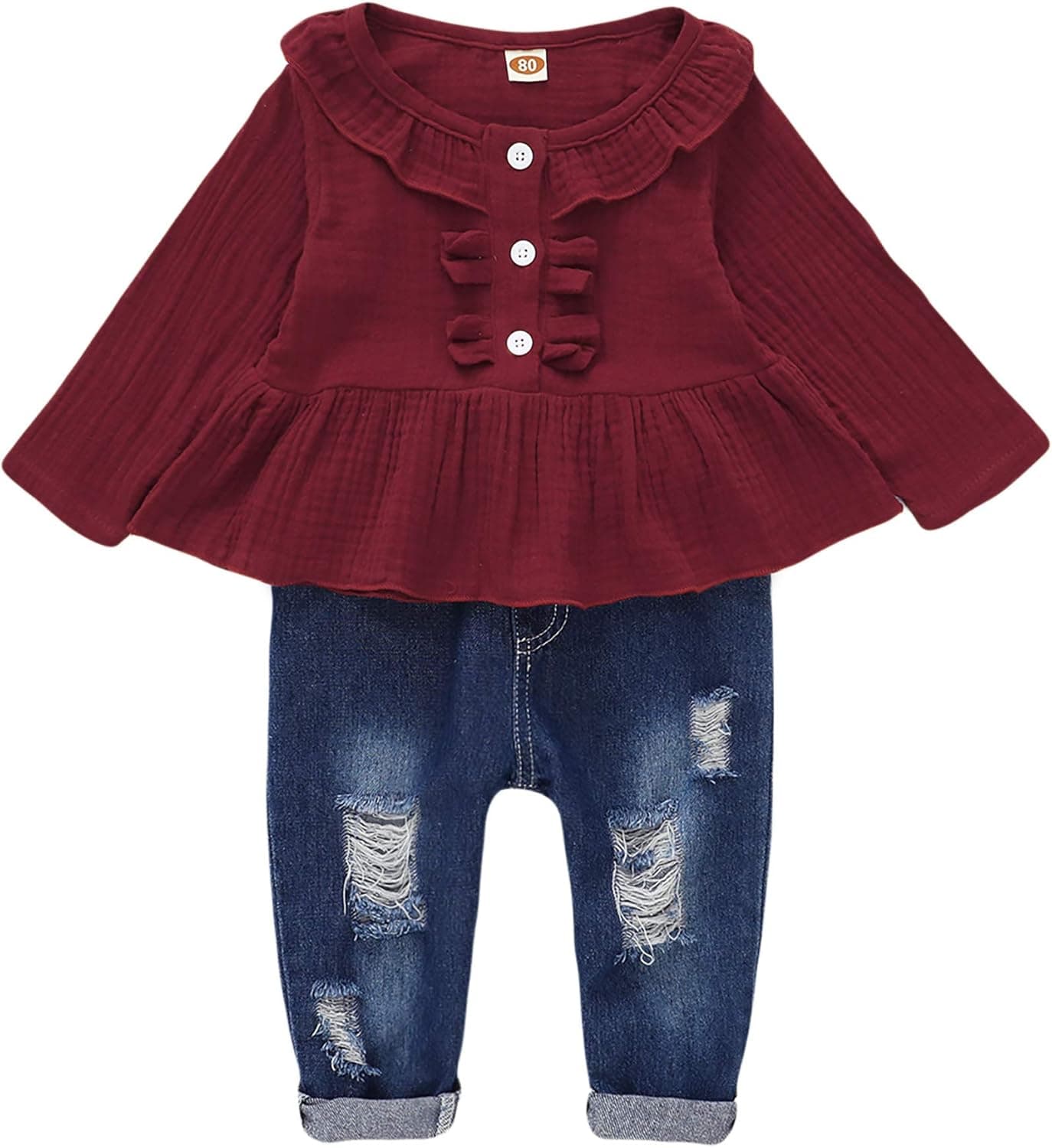 Saeaby Baby Girl Clothes Toddler Girl Denim Outfits Ruffle Shirt Ripped Jeans Pants Set Toddler Baby Clothes for Girl