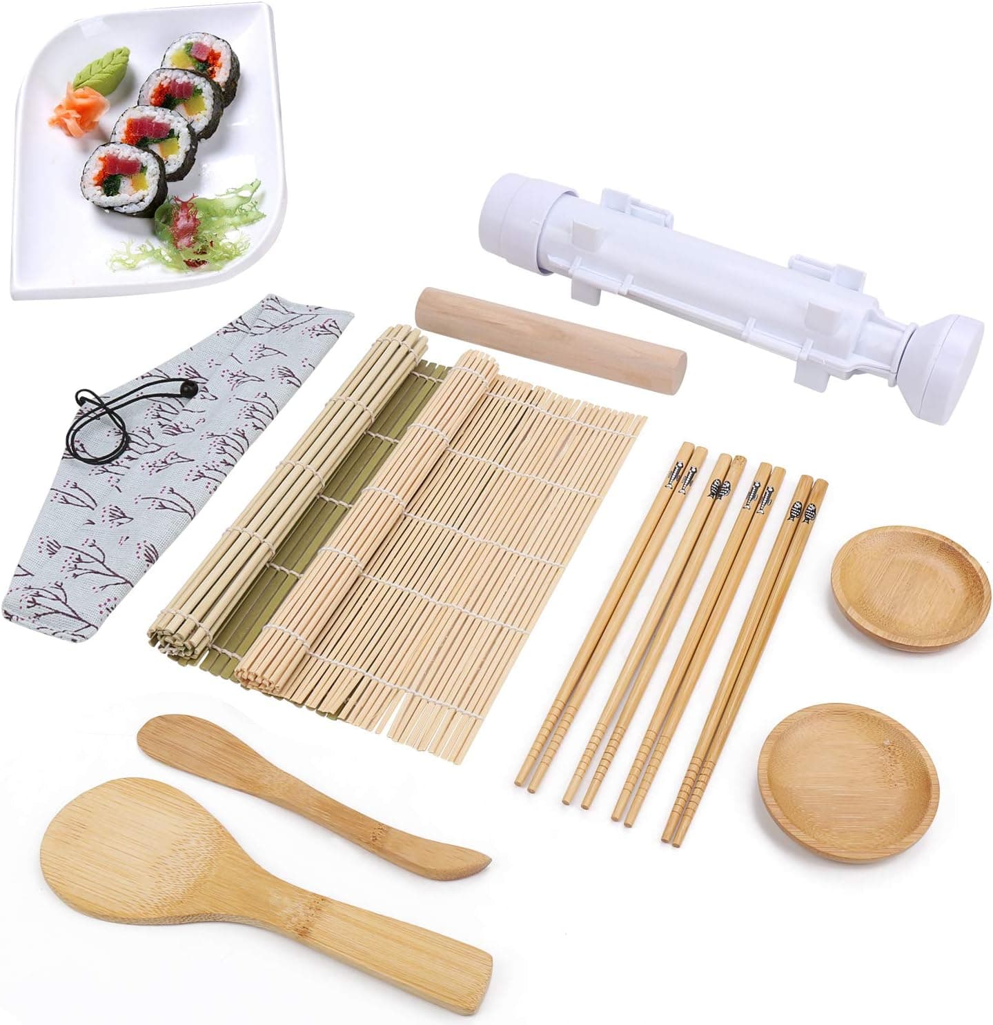 IEBIYO Sushi Making Kit,12 Packs DIY Sushi Making Kit Included Sushi Bazooka Nature Bamboo Mat Chopsticks Rice Paddle Spreader Chopstick Cover Sauce Dish, Bamboo Sushi Making Kit