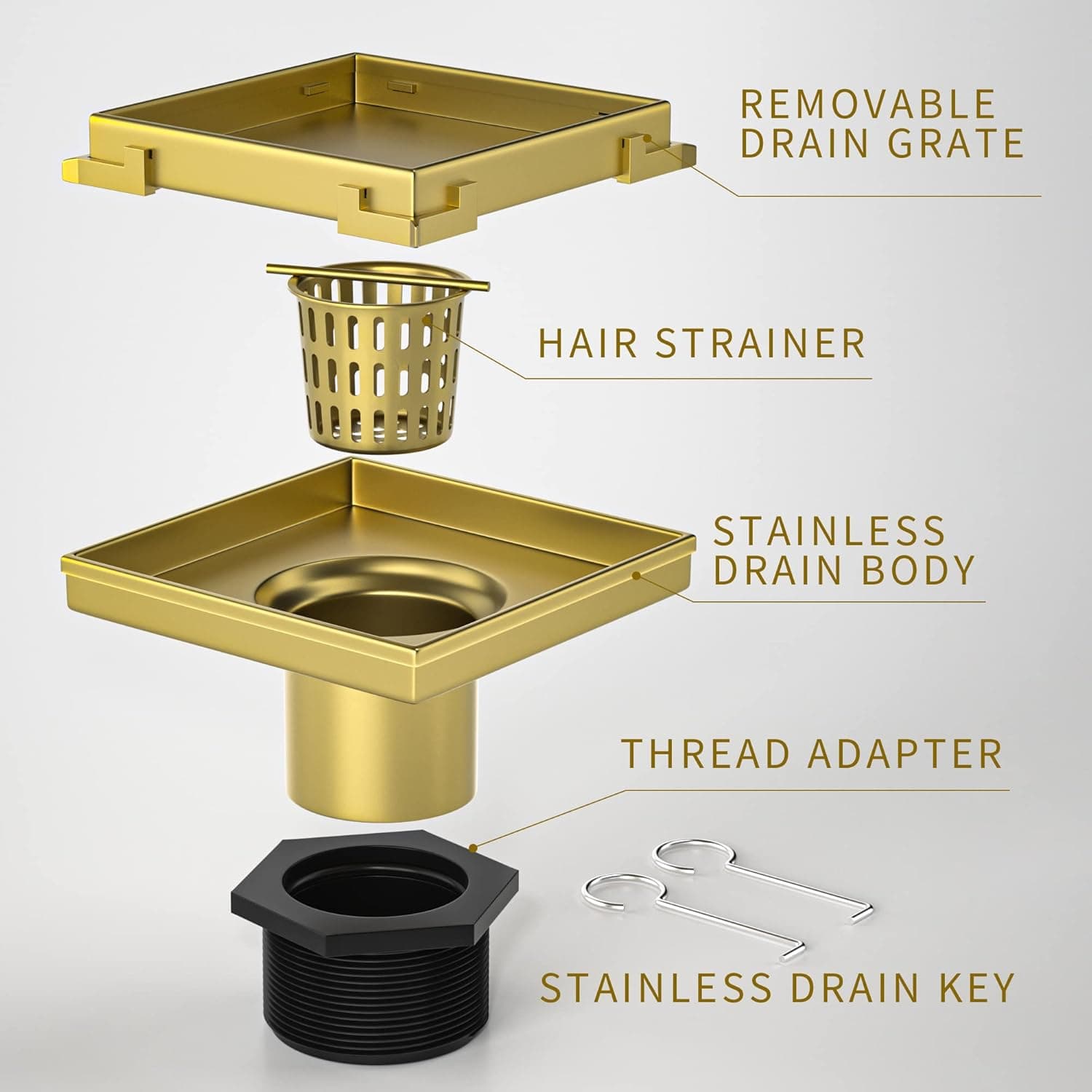 Bernkot Square Shower Drain 4" Brushed Gold Tile in Grate 304 Stainless Steel with Hair Strainer Stainless Drain Hook for Bathroom