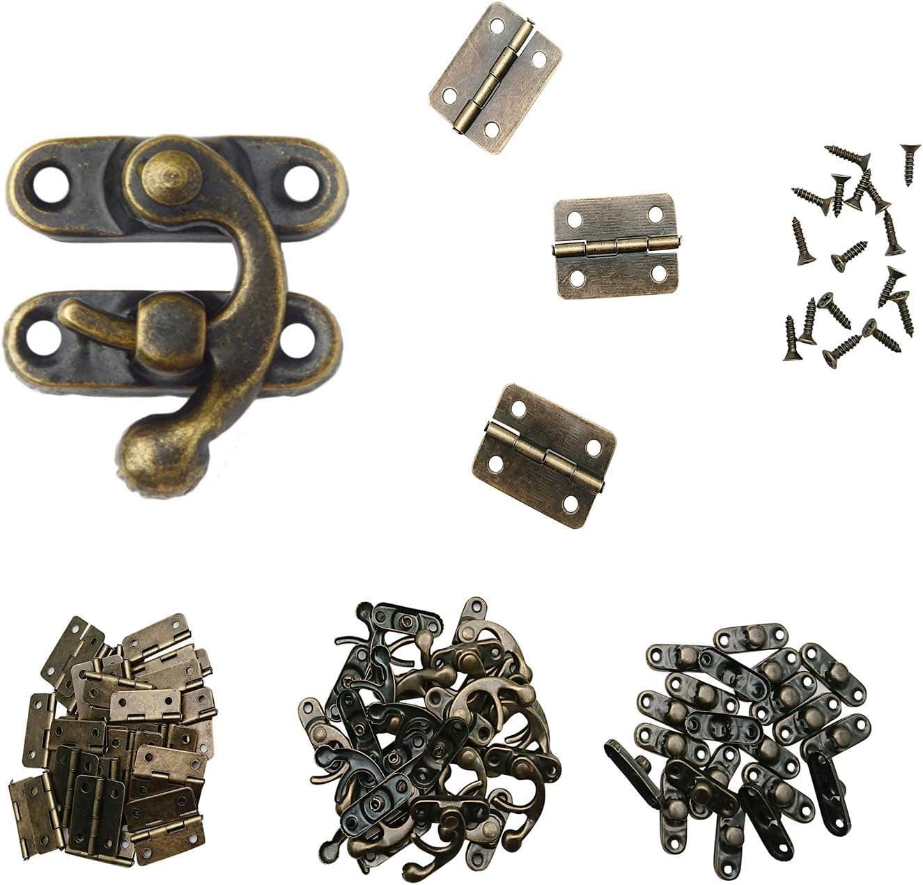 40pcs Small Box Hinges, 20 Sets Antique Right Latch Hook Hasp Wood Jewelry Box Hasp Catch Decoration with 240 Pieces Replacement Screws - Bronze Tone