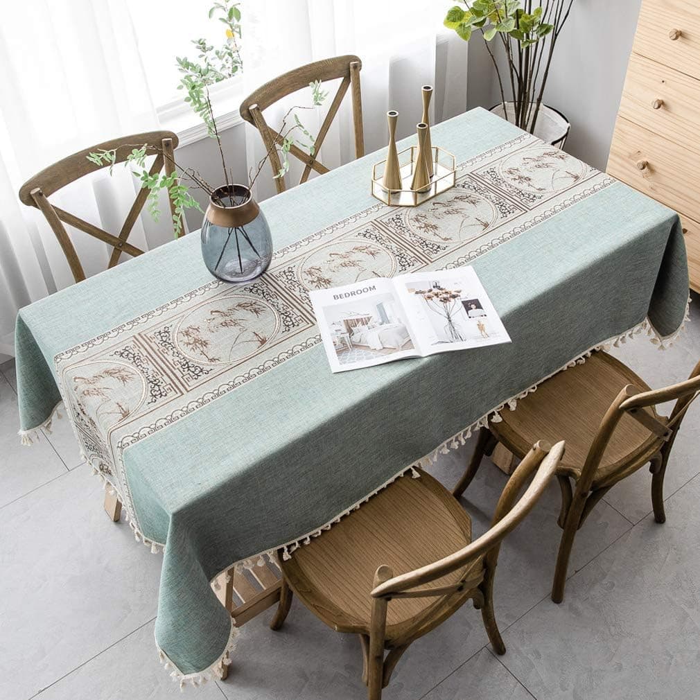 Pahajim Vintage Cotton Linen Table Cloth Rectangle Dust-Proof Tablecloth Stitching Tassel Embroidered Tablecloth for Kitchen Dining (Blue Green, Chinese Style, Rectangle/Oblong, 55 x 102 Inch)