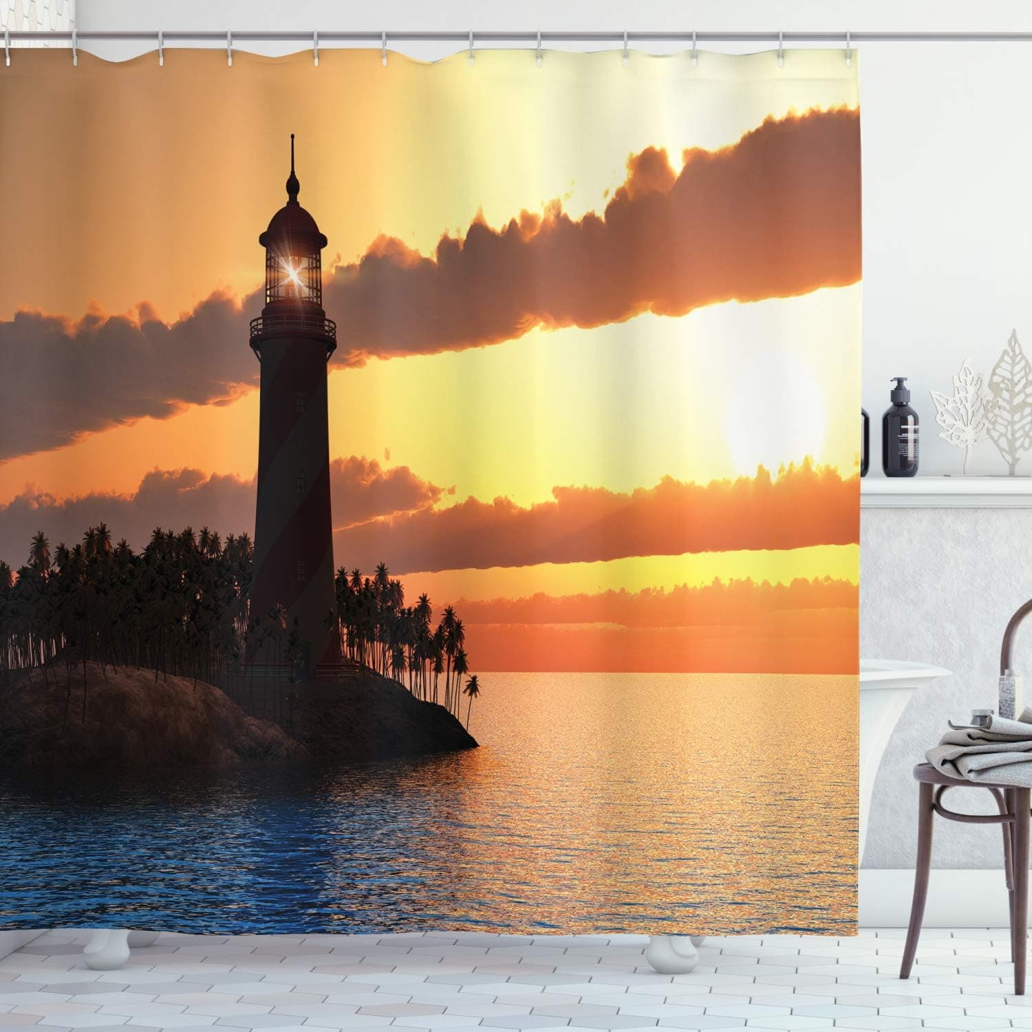 Ambesonne Lighthouse Shower Curtain, Lighthouse on Island in The Sea at The Sunset Exotic Plants and Trees Relaxation Resort, Cloth Fabric Bathroom Decor Set with Hooks, 69" W x 84" L, Brown Orange