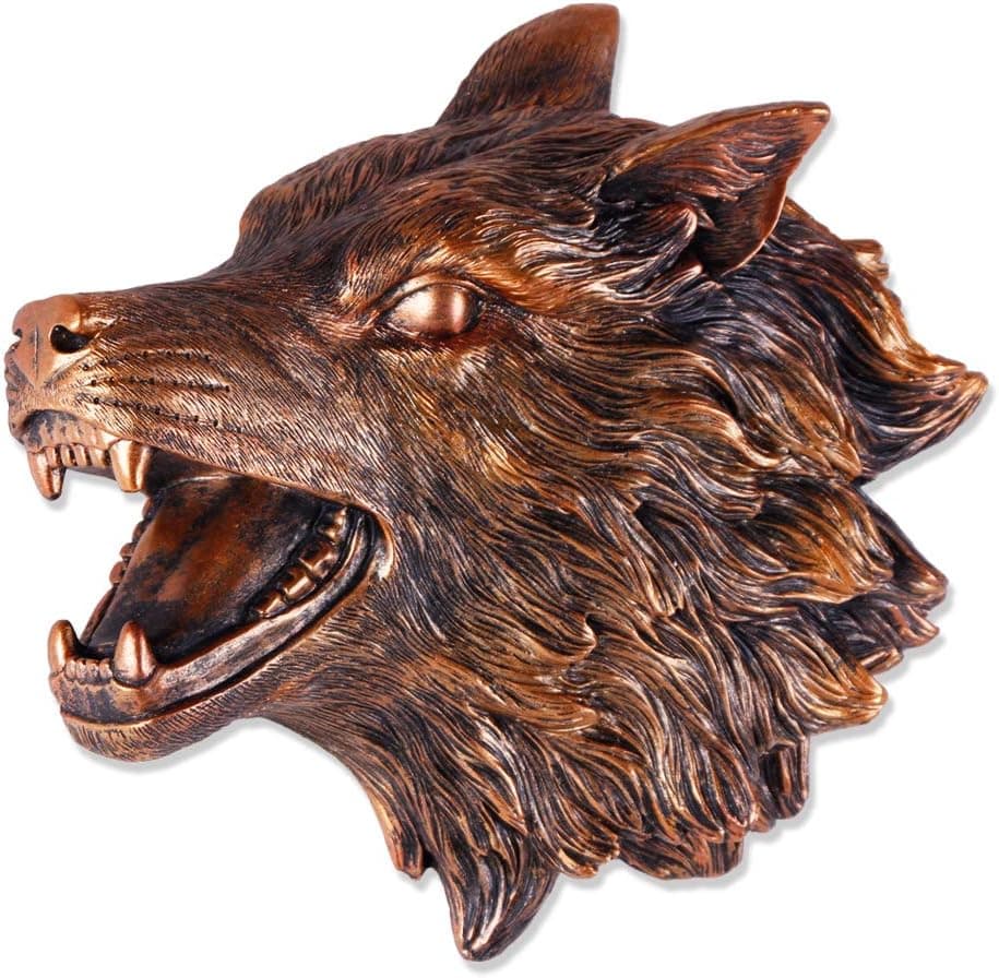 Keygift Wolf Head Wall Decor 3D Antique Copper Wolf Wall Sculpture Faux Taxidermy Resin Wall Animal Head 11x9x3.5 Inches